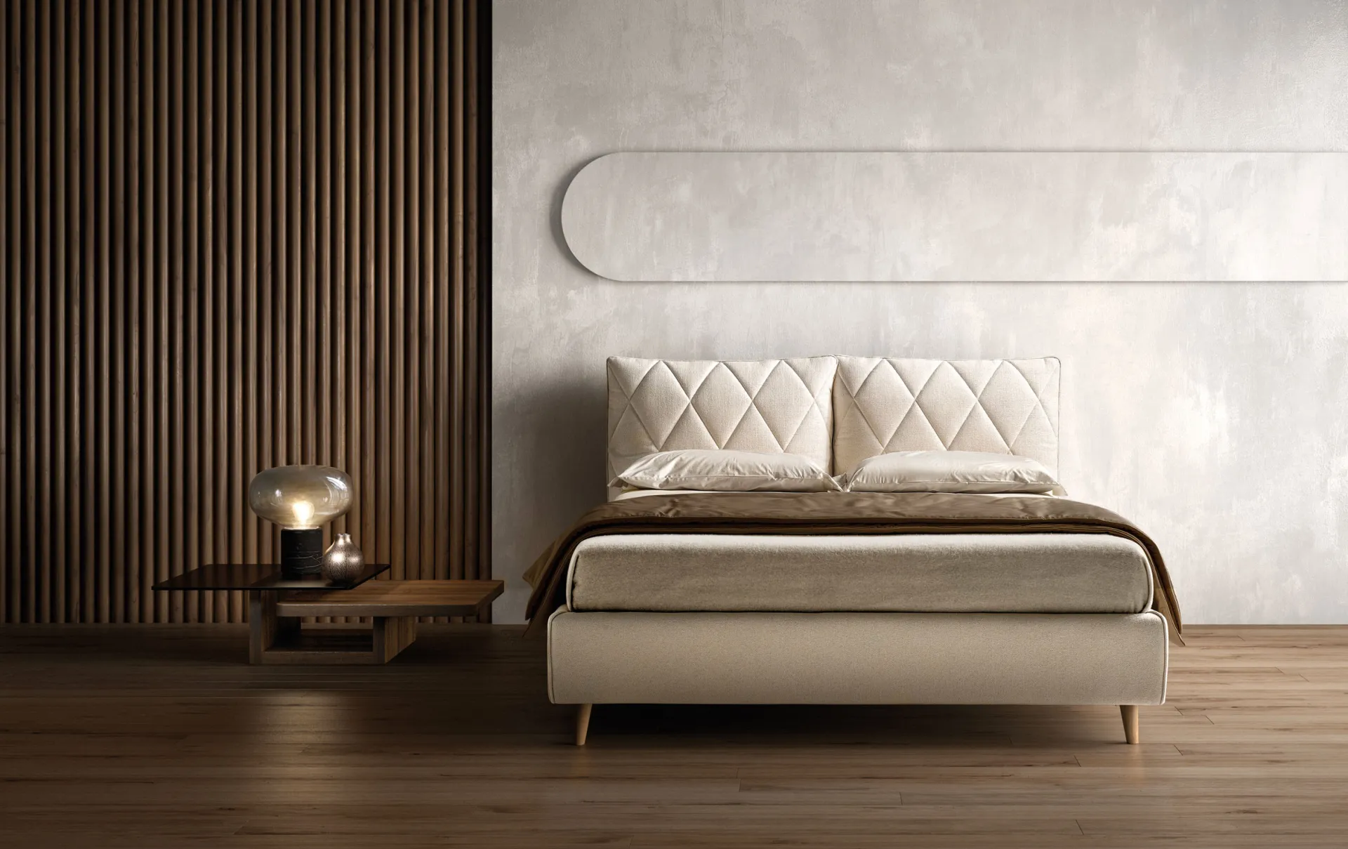 Letto imbottito Soft Samoa crema con cuscini trapuntati a rombi, su gambe affusolate in legno