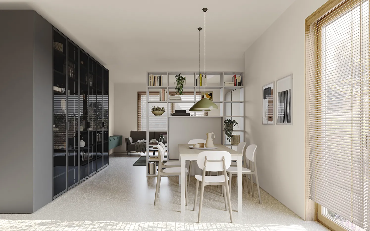 Soggiorno di residence Golf Contract Space Colombini con libreria divisoria e armadi ad ante in vetro scuro