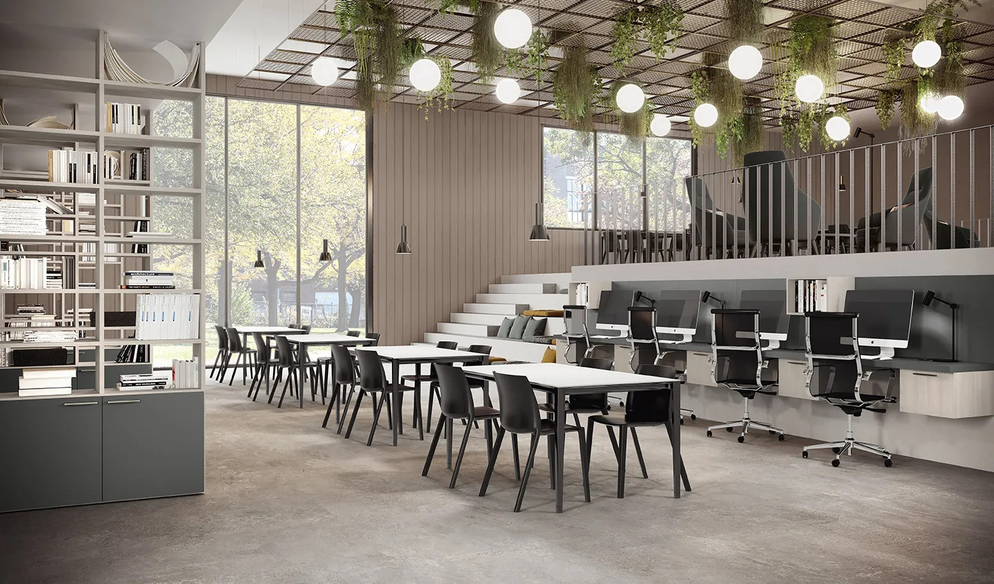 Sala studio comune Golf Contract Space Colombini con postazioni di lavoro in linea e libreria a tutta altezza