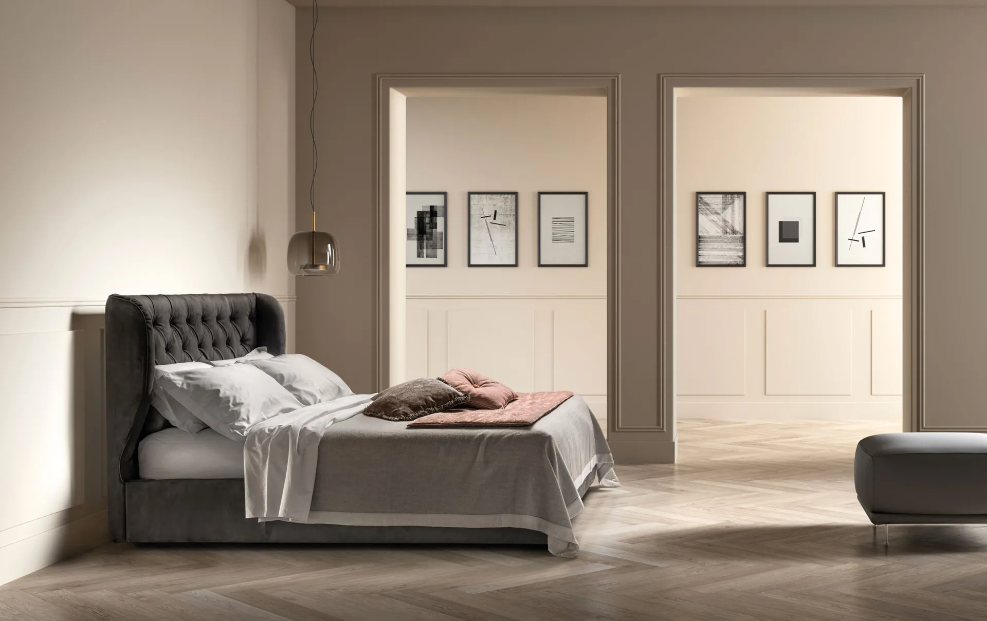 Letto imbottito Gem Samoa in velluto grigio scuro con testiera capitonné a orecchie
