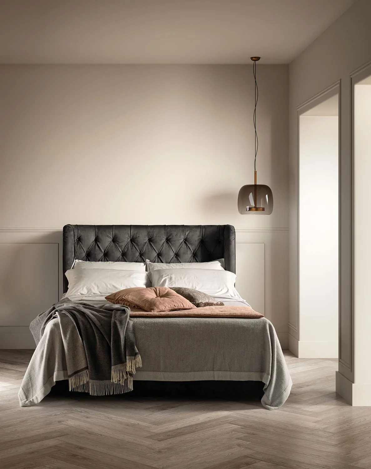 Letto Gem Samoa visto di fronte, sotto una lampada a sospensione in vetro