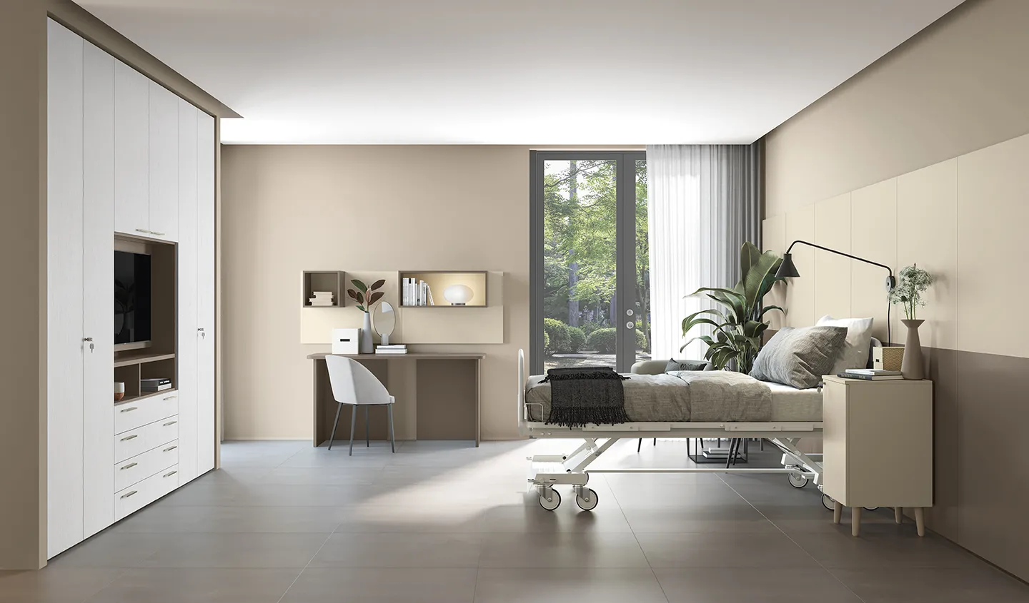 Camera di residenza assistita Golf Contract Space Colombini con armadio a ponte con tv, scrittoio e boiserie