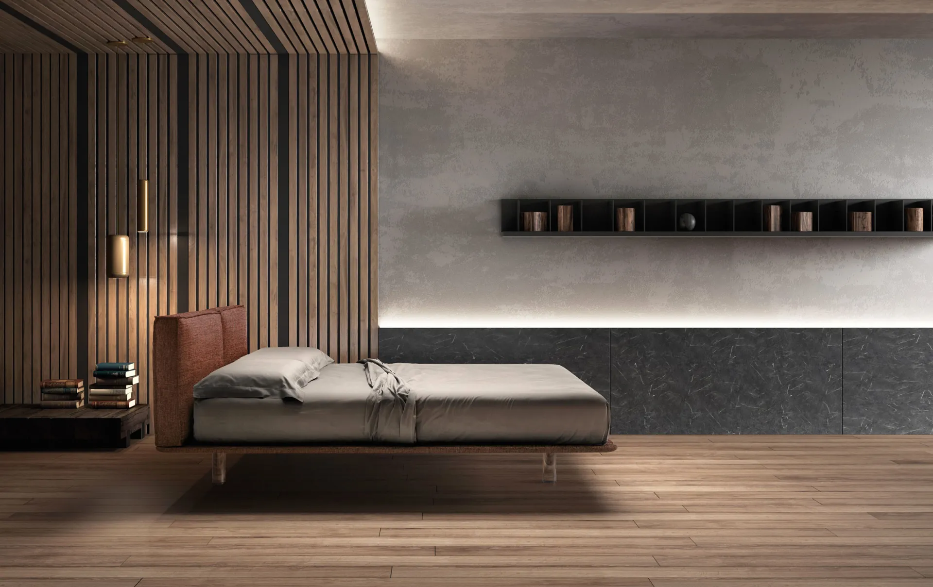 Letto matrimoniale Stylish Samoa con testiera terracotta e piano basso, davanti a listelli scuri
