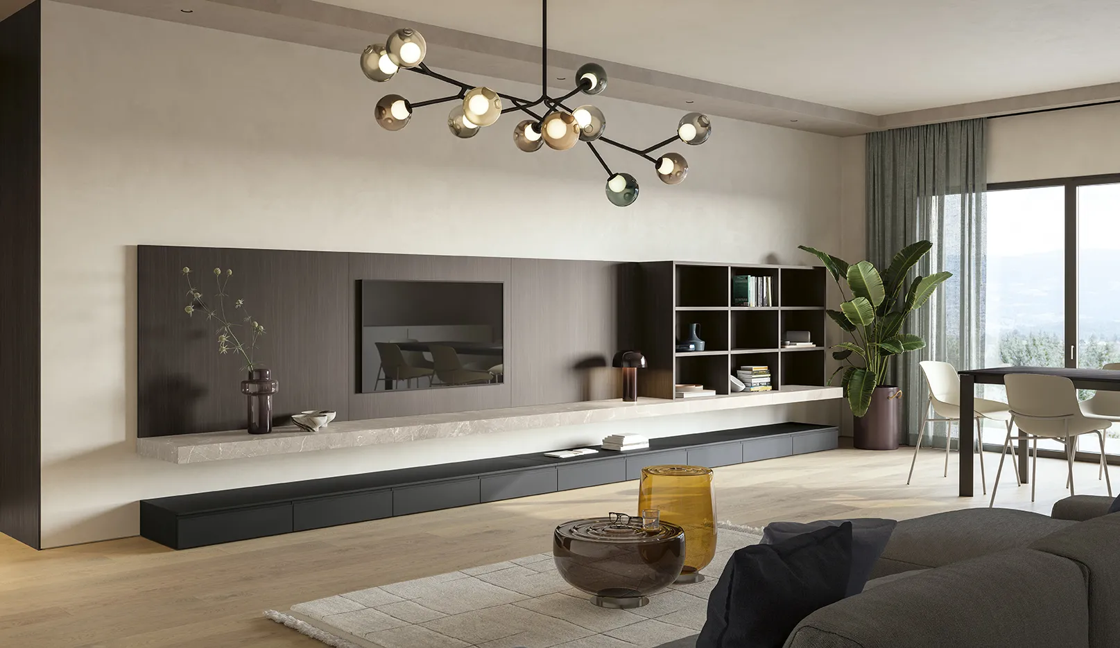 Soggiorno Golf Contract Space Colombini con boiserie scura porta tv, mensola effetto pietra e base sospesa
