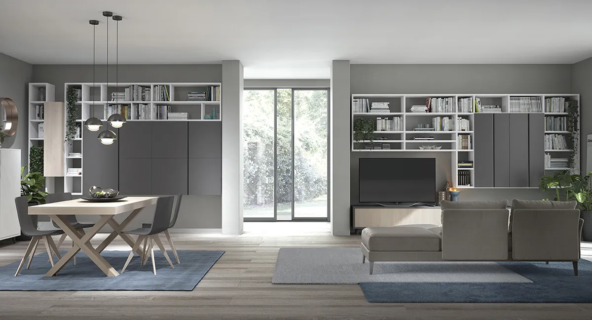 Open space Golf Contract Space Colombini con due pareti libreria bianche e ante grigie