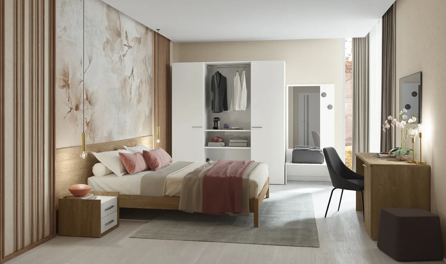 Camera d'hotel Volo Contract Colombini con parete a listelli di legno, armadio bianco e scrittoio