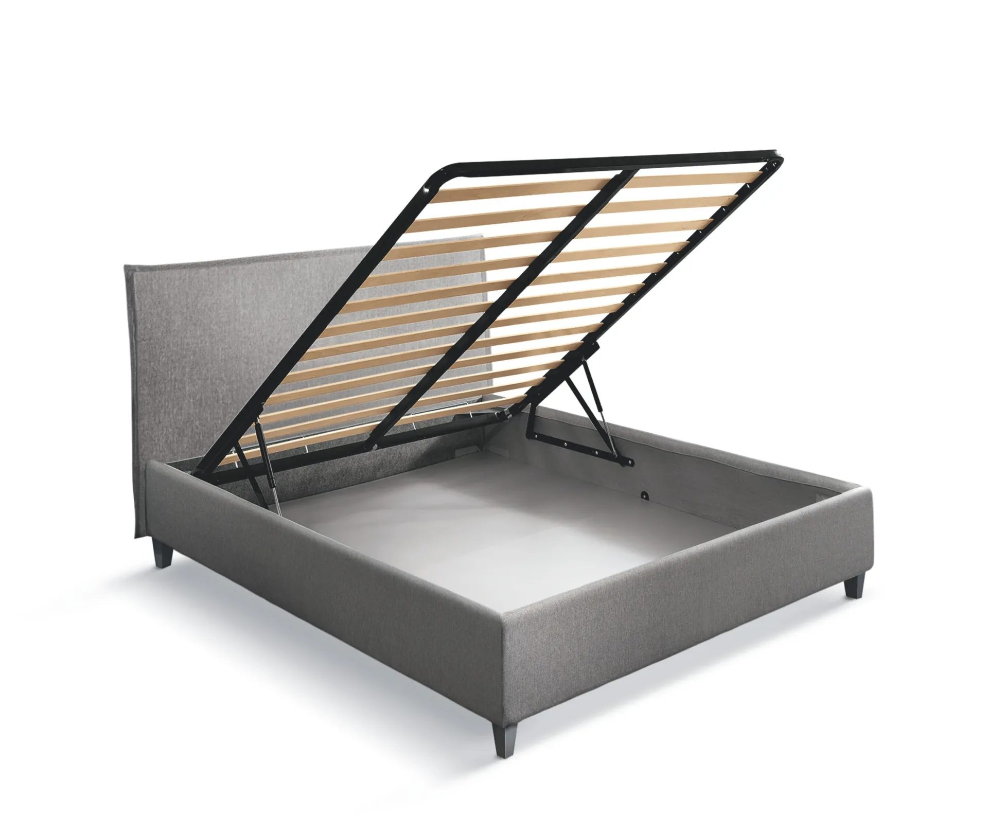 Letto imbottito Goodnight Scavolini grigio con box contenitore e rete sollevabile aperta, su fondo bianco