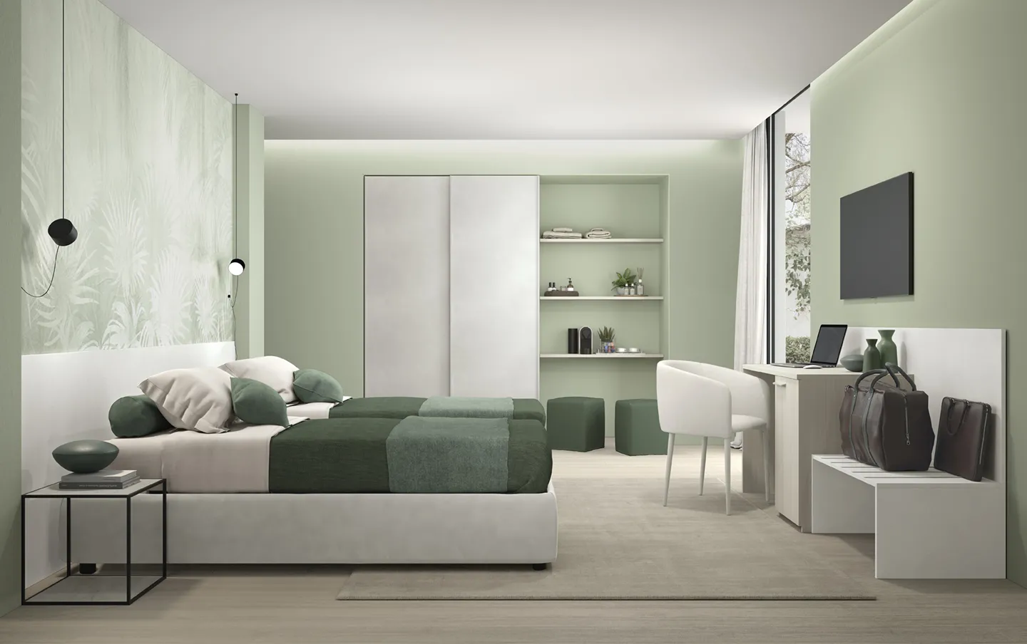Camera d'hotel Volo Contract Colombini con armadio scorrevole, pareti verde salvia e piano scrittoio