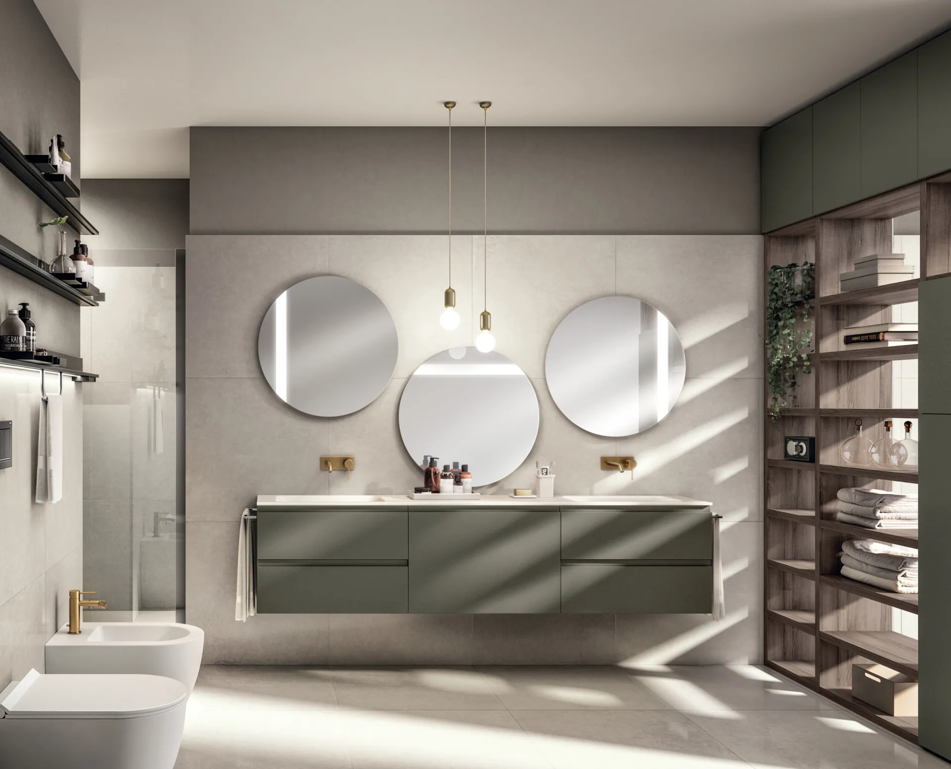 Bagno Juno Scavolini con basi Verde Minerale, tre specchi tondi e libreria Fluida in noce a lato