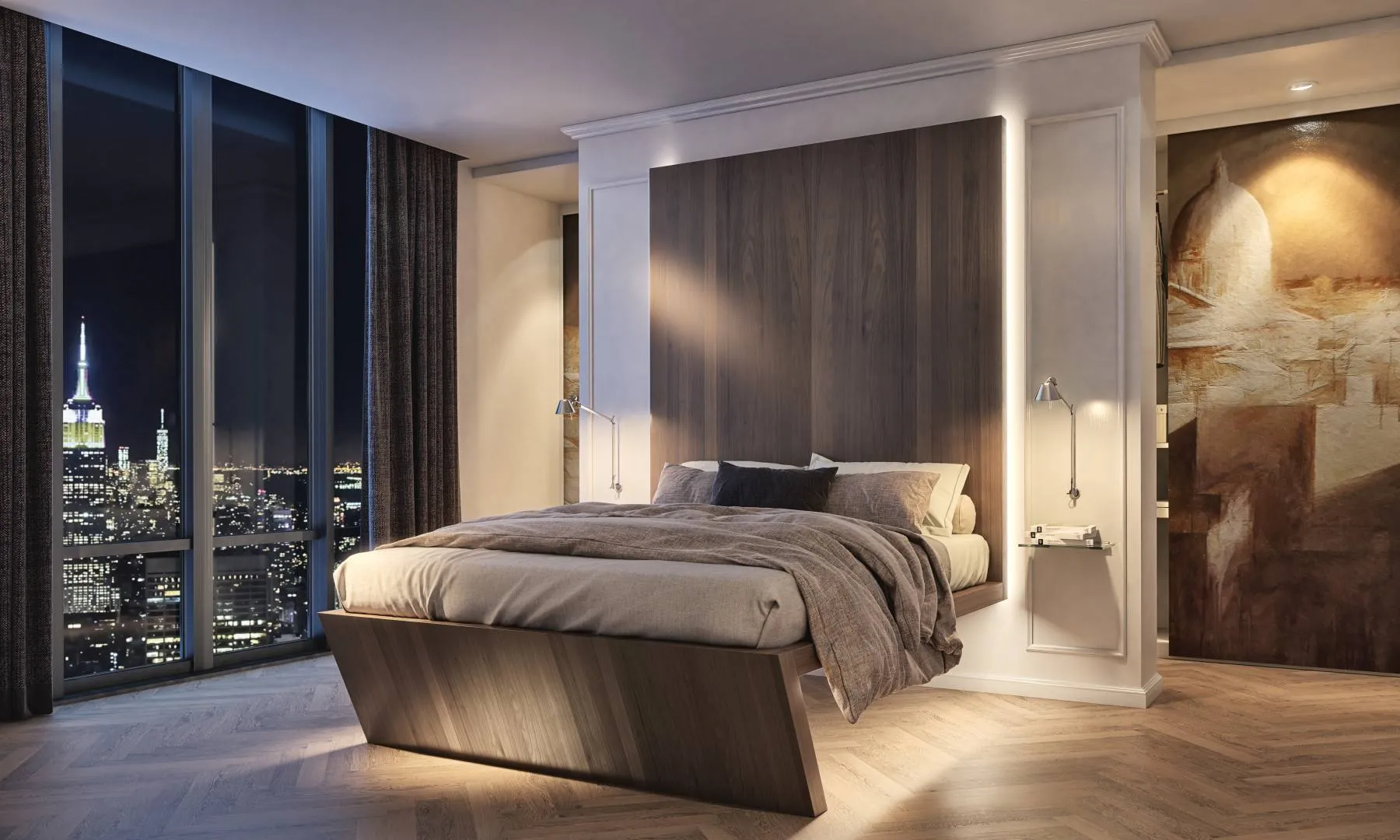 Letto Tosato 42.20 in noce canaletto con testata a parete illuminata da led, in una camera di notte