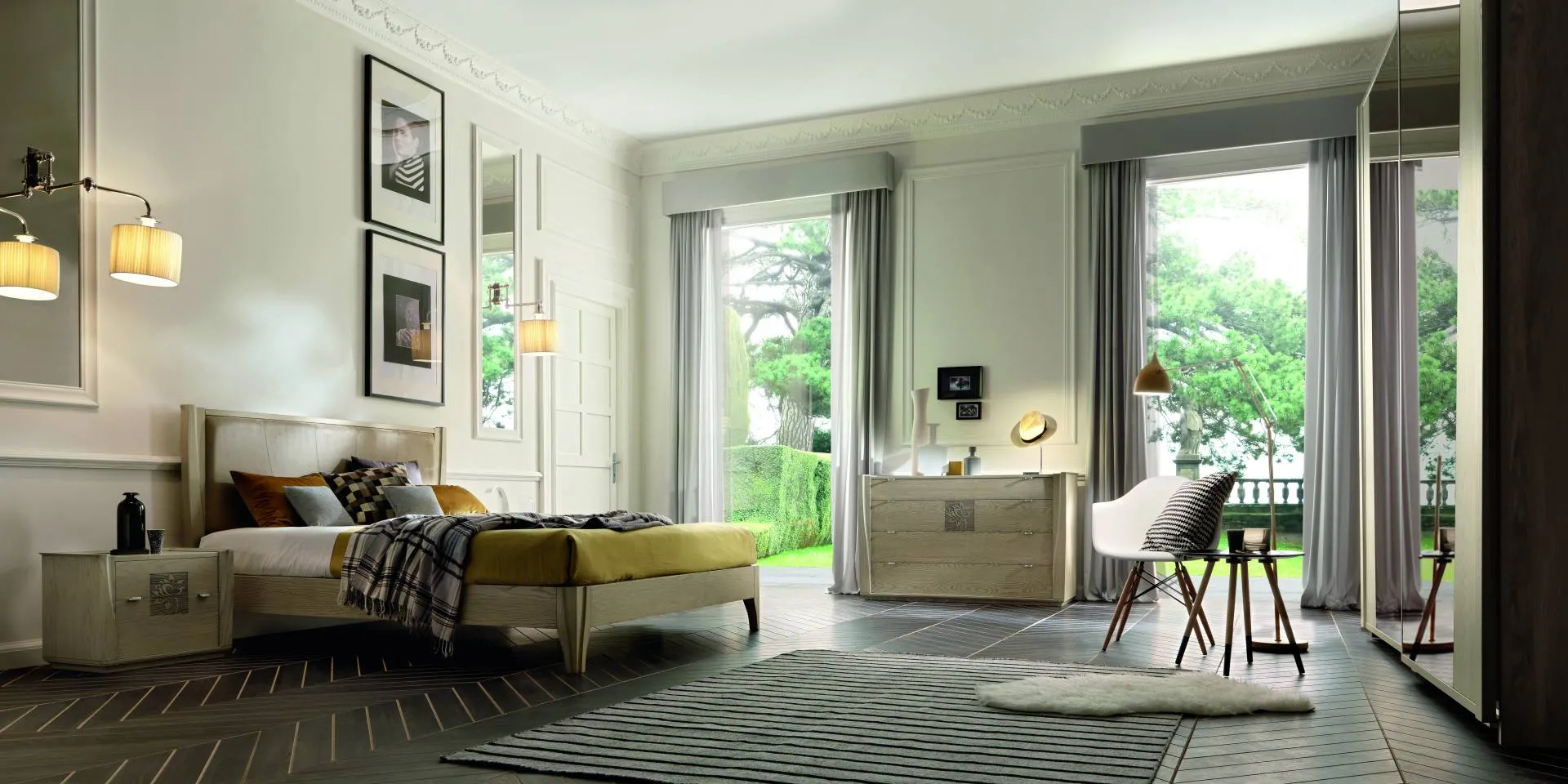 Camera Tosato in grigio chiaro con letto, comodino e comò 234.01 sotto la finestra