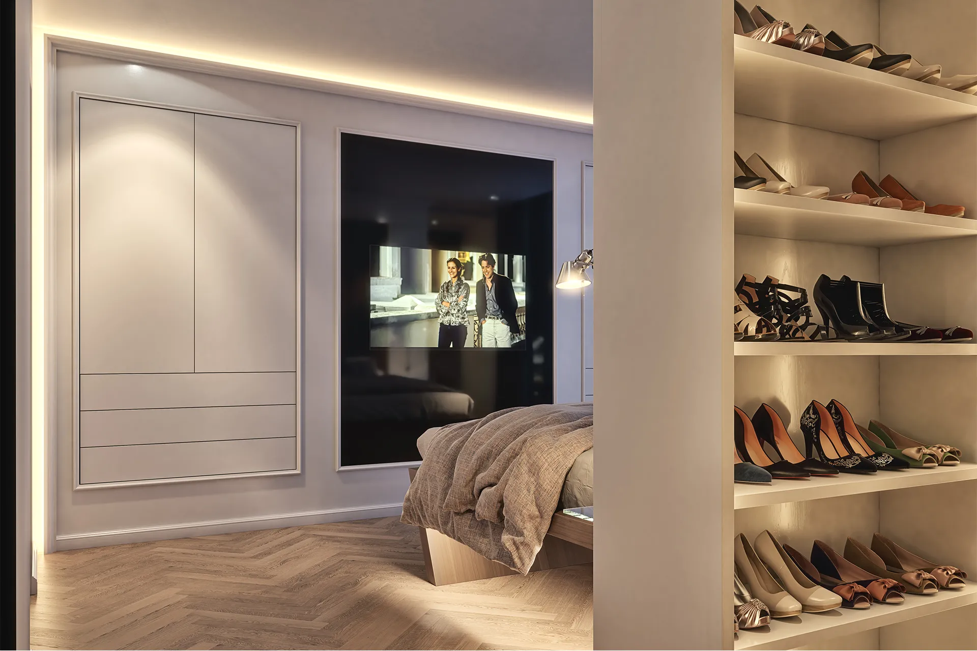 Cabina armadio Tosato 17.24 bianca con televisore incassato e mensole per scarpe illuminate