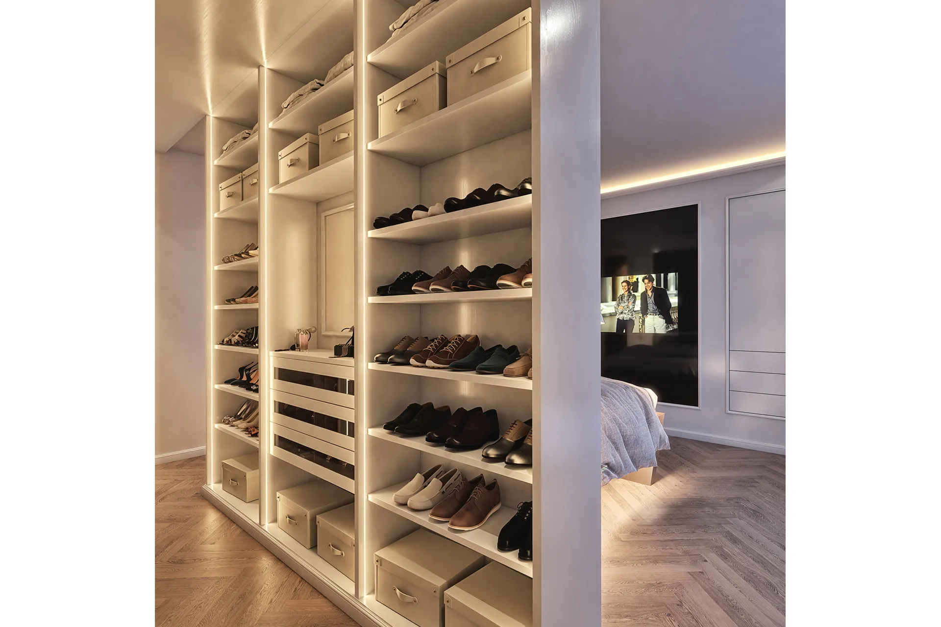 Cabina armadio Tosato 17.23 bianca con ripiani porta scarpe illuminati da led