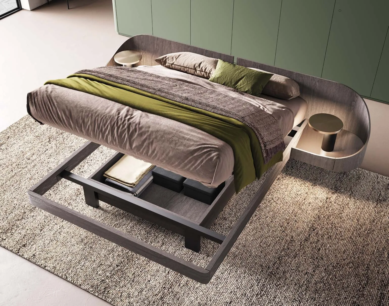 Letto Ottanta Voltan in quercia carbone con il box contenitore aperto