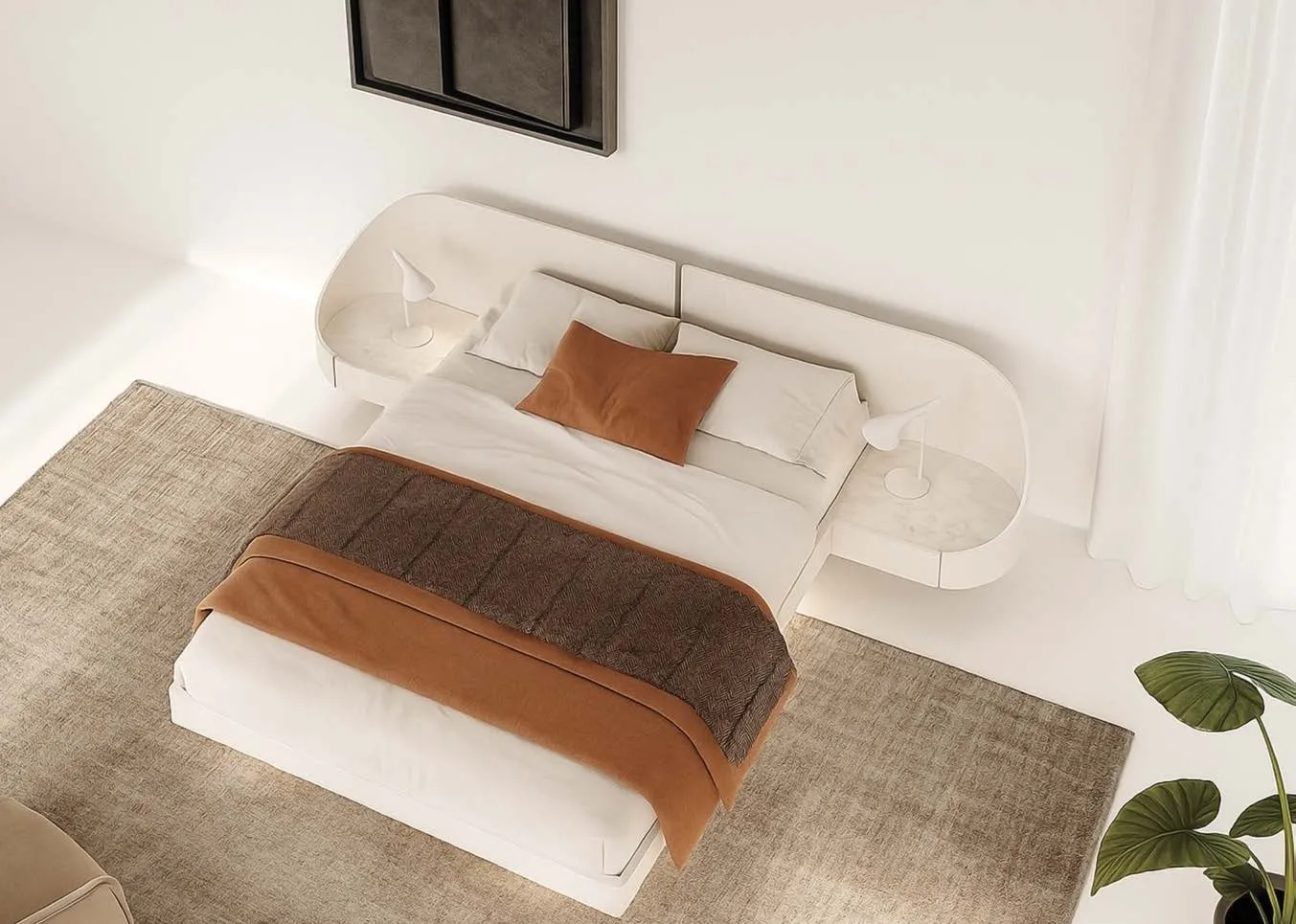 Letto Ottanta Voltan laccato a poro aperto color latte, visto dall'alto