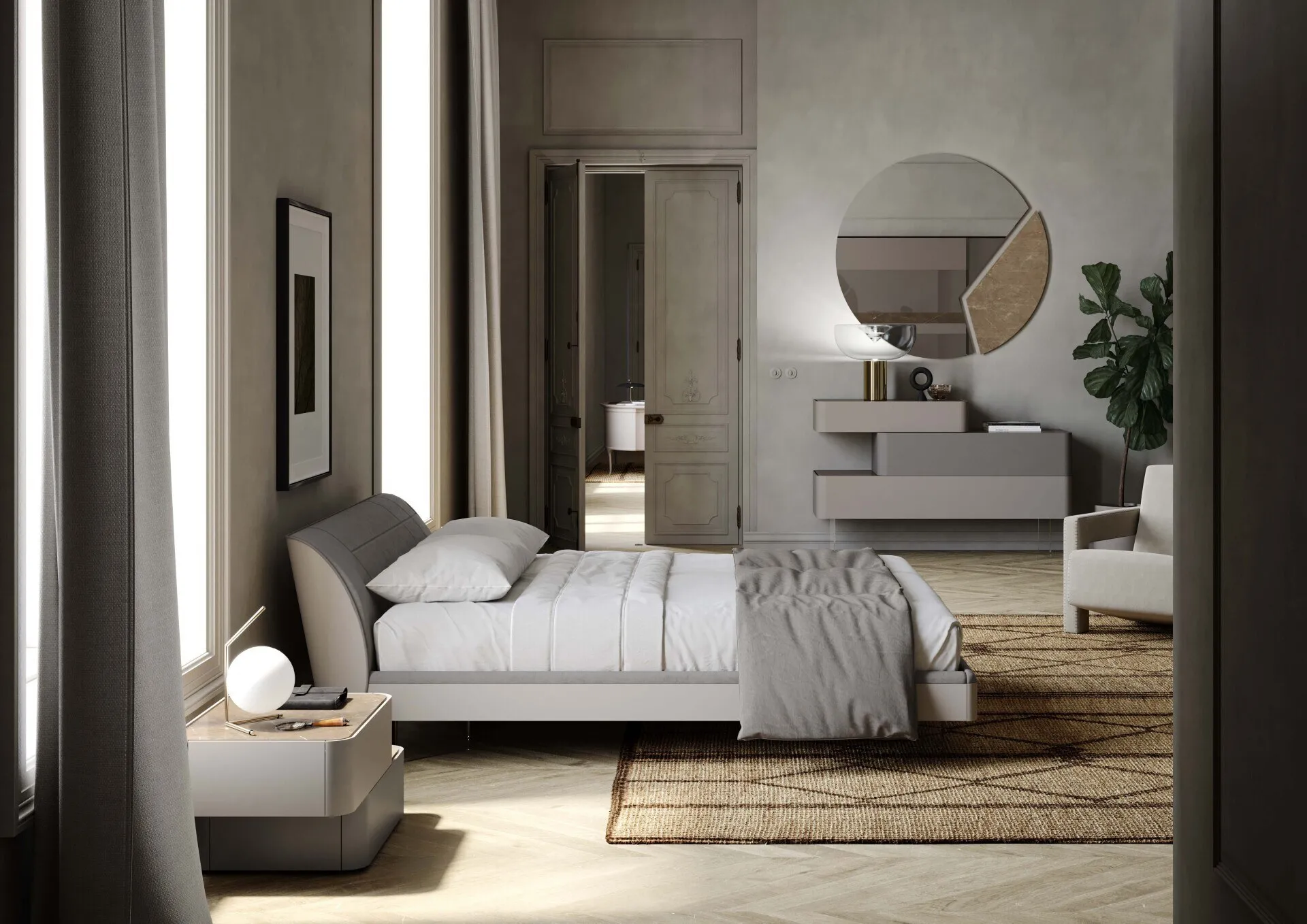Letto Prestige Voltan con testiera imbottita in econabuk fango e scocca laccata grigio alpaca