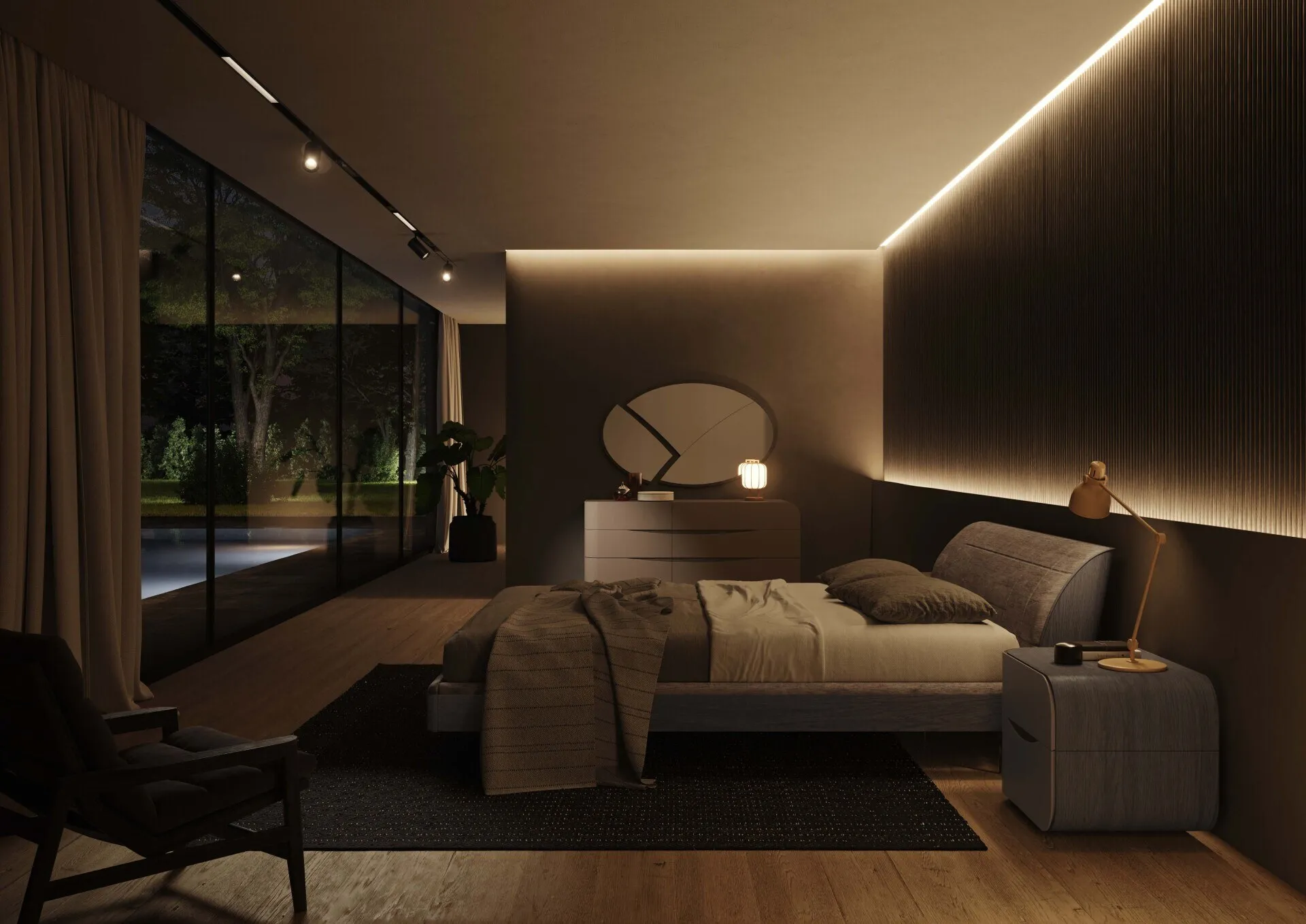 Letto Prestige Voltan in quercia cenere con testiera in velluto, in una camera con luce serale