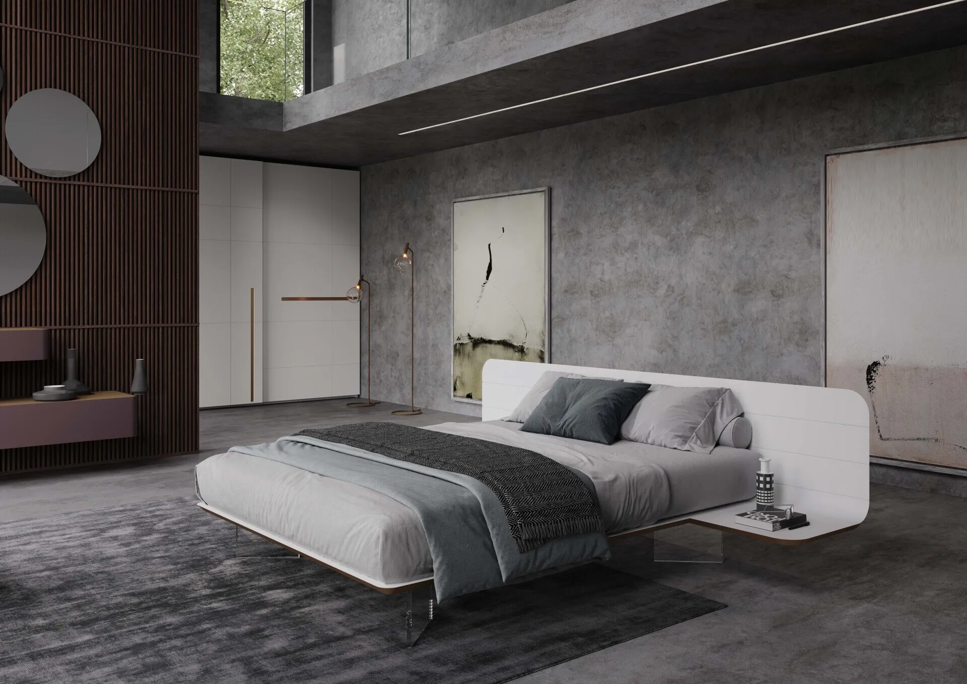Letto No-Vo Voltan laccato opaco bianco con piedi in vetro
