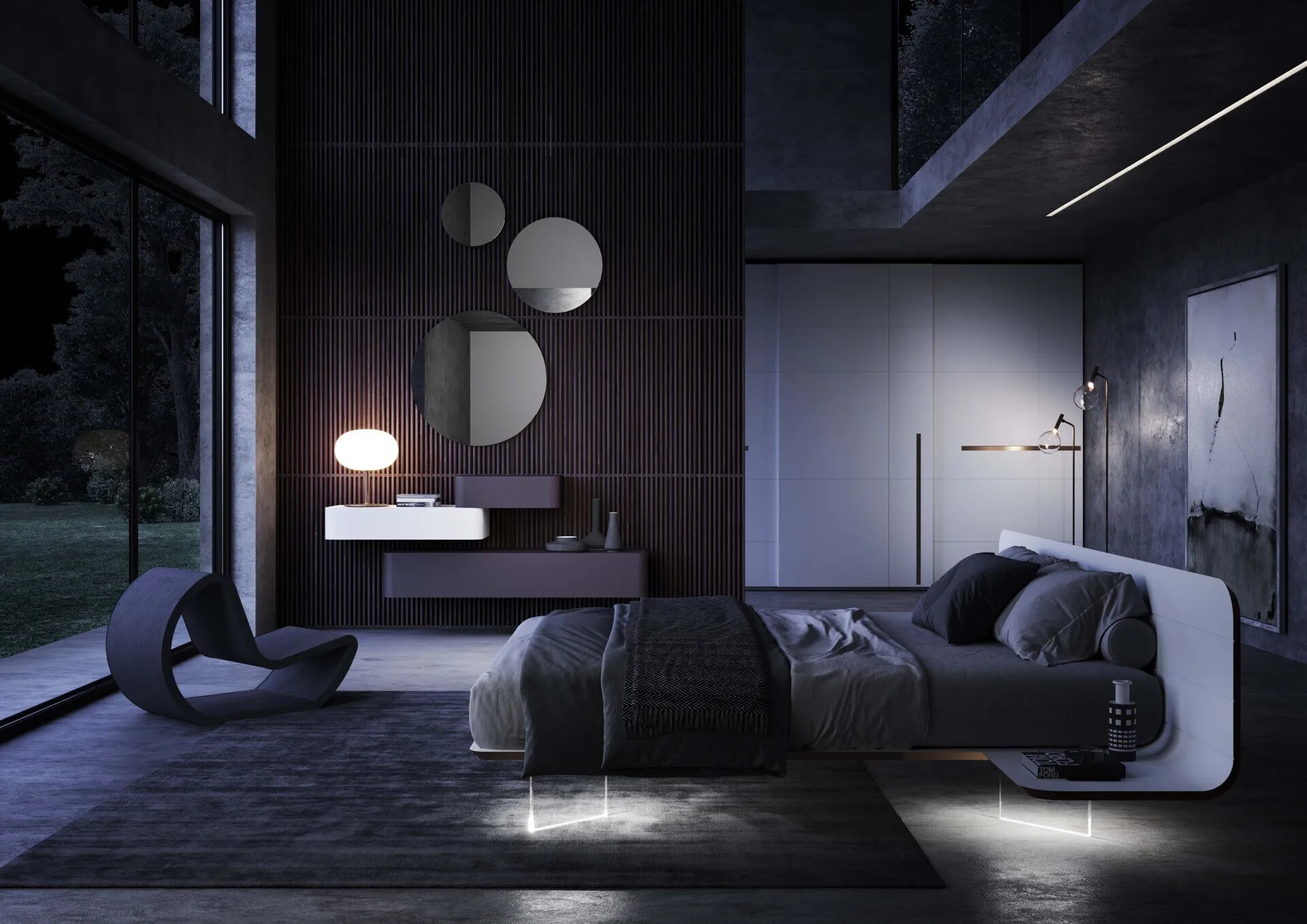 Letto No-Vo Voltan laccato bianco con luci LED sotto il giroletto, vista notturna
