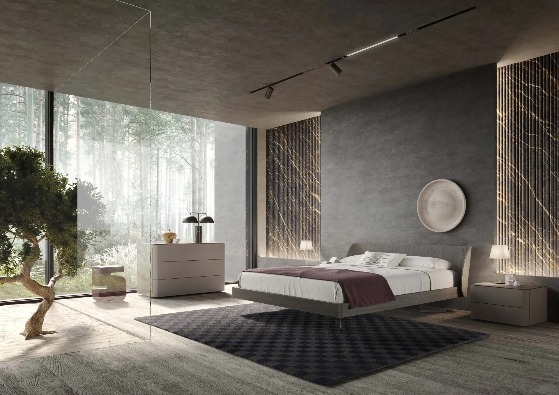 Letto Elite Voltan con testiera sagomata e piedi in vetro, insieme a comò e comodini Elite