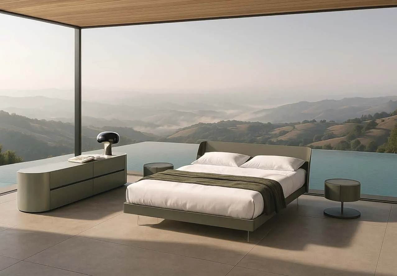 Letto Elite Voltan laccato salvia con piedi in vetro, con comò e comodino Ottanta