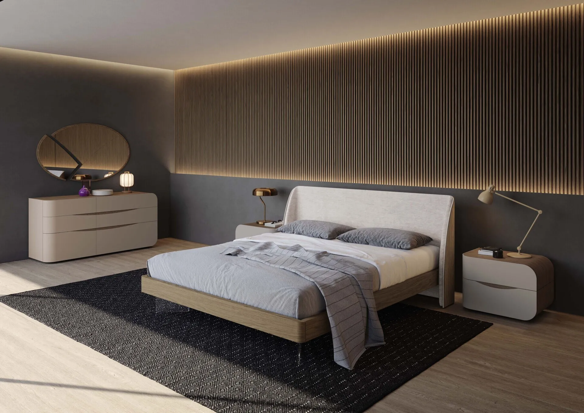 Letto Eikon Voltan in quercia con testiera imbottita in velluto, con comò e comodini Eikon