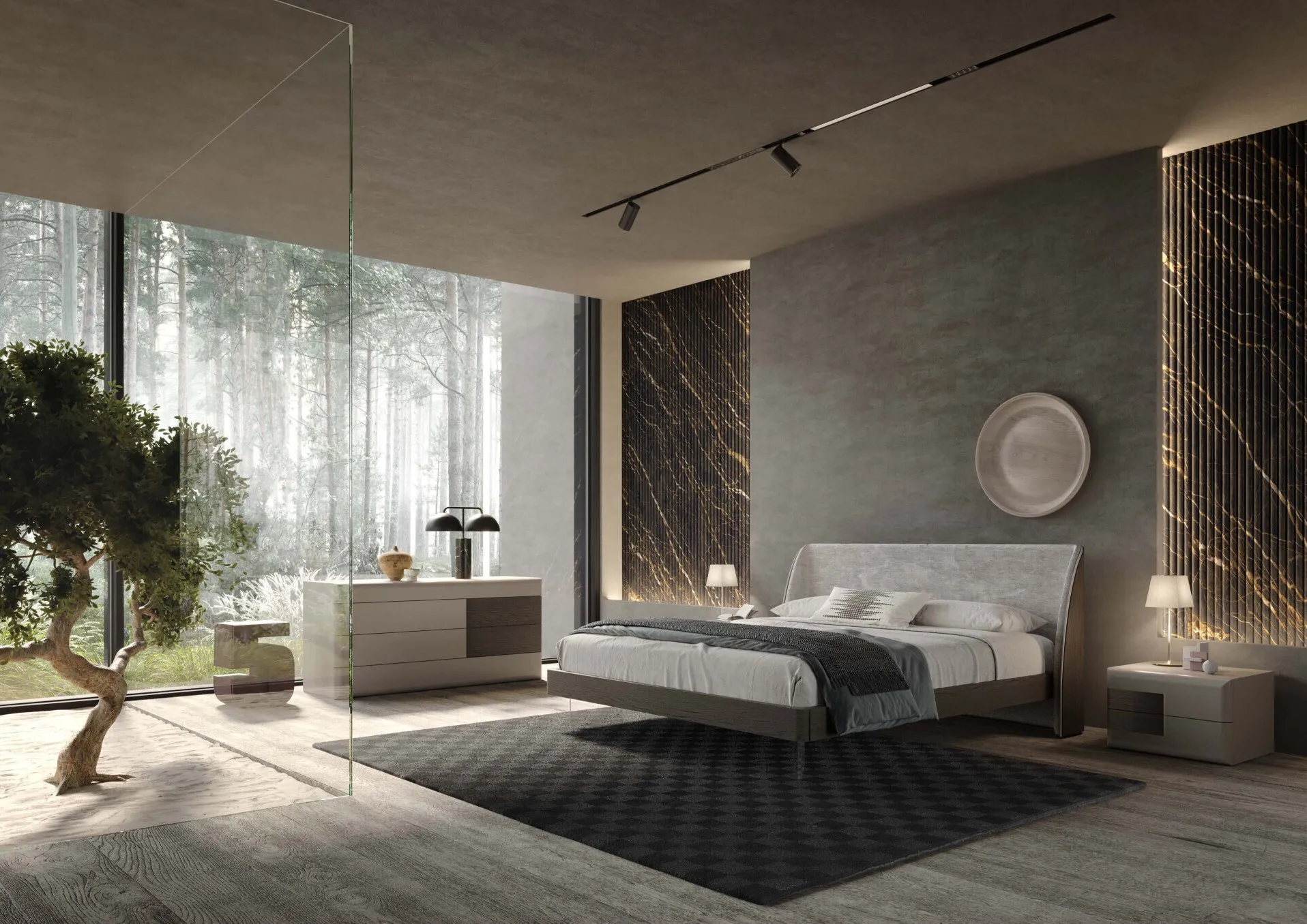 Letto Eikon Voltan in quercia carbone con comò e comodini Prestige laccati grigio alpaca