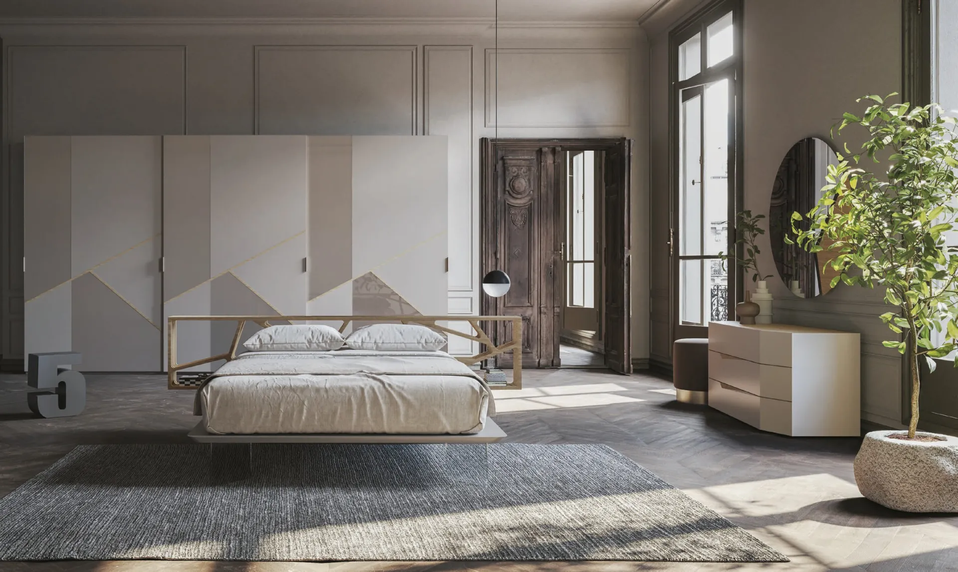 Letto Space Voltan con testiera in legno a disegno geometrico e giroletto laccato grigio alpaca