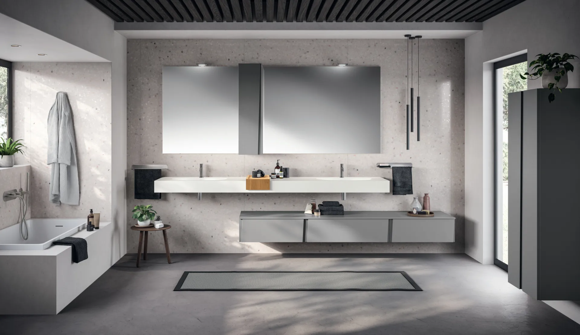 Bagno Lagu Scavolini con basi sospese grigie, doppio lavabo bianco e specchio largo in una stanza ampia