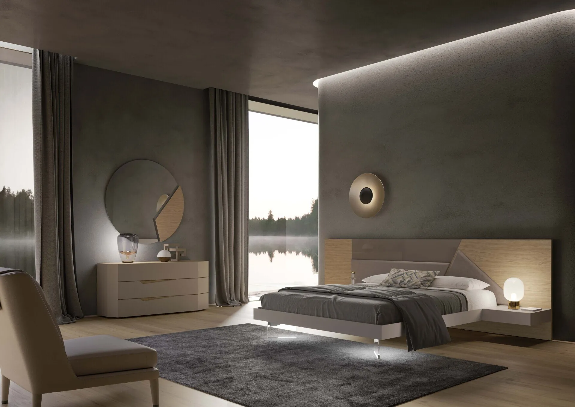 Letto Alicante Voltan con testiera boiserie in quercia e comodini sospesi, con comò e specchiera Alicante