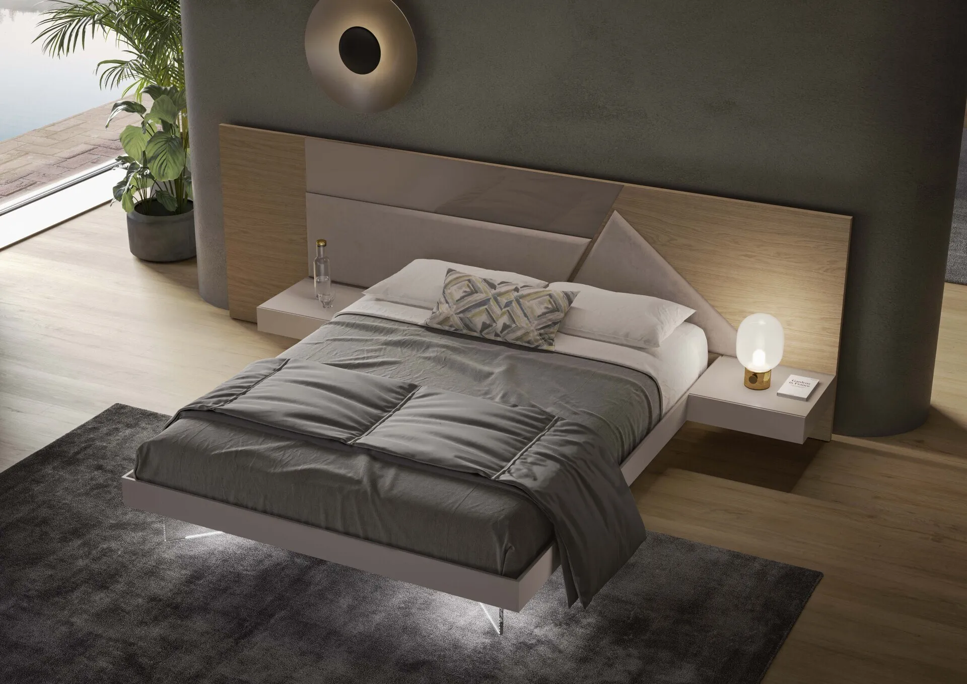 Letto Alicante Voltan visto di tre quarti, con boiserie in quercia, vetro laccato ed econabuk