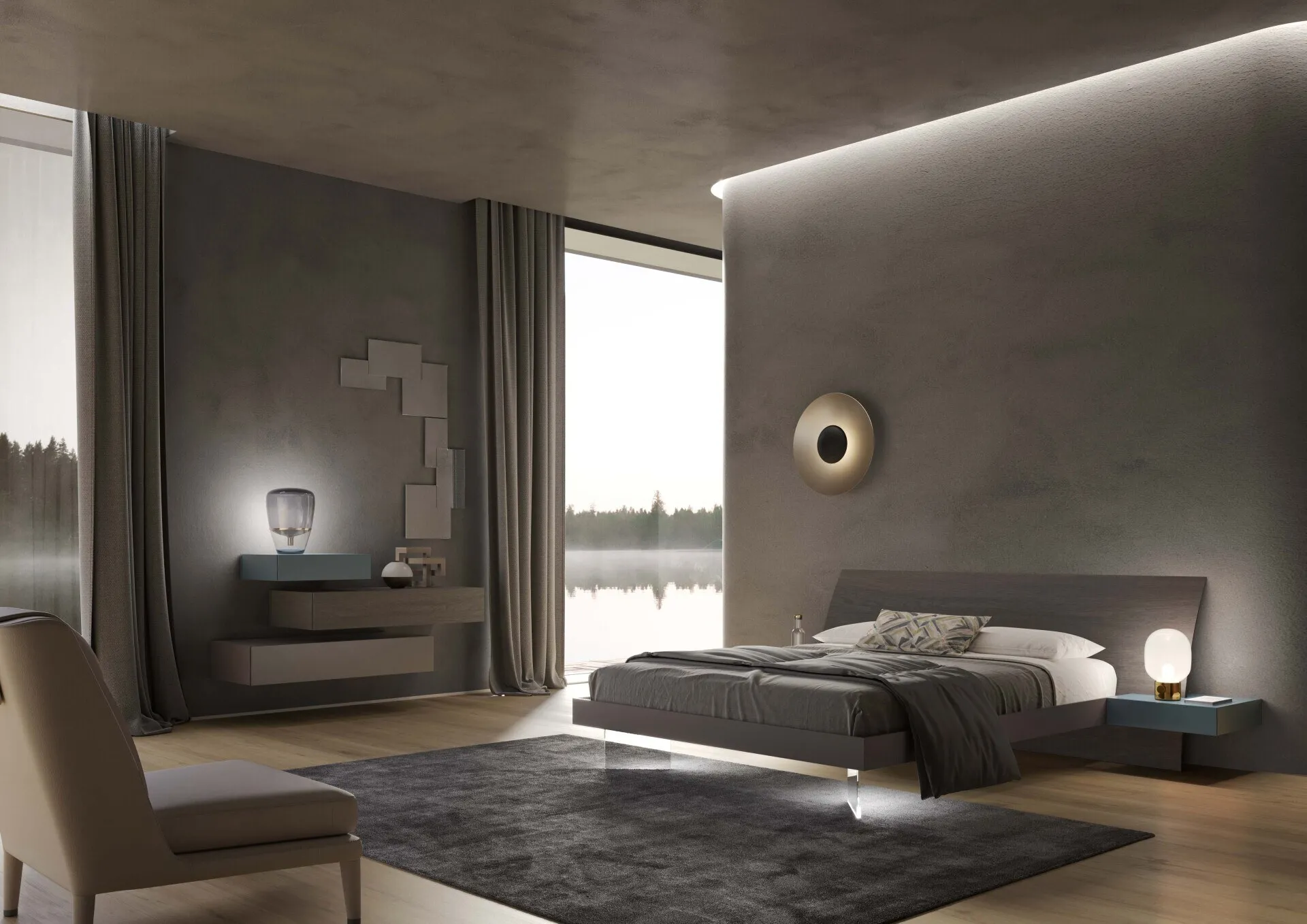 Letto My Love Voltan con testiera in quercia cenere e cassetti sospesi laccati blu acciaio