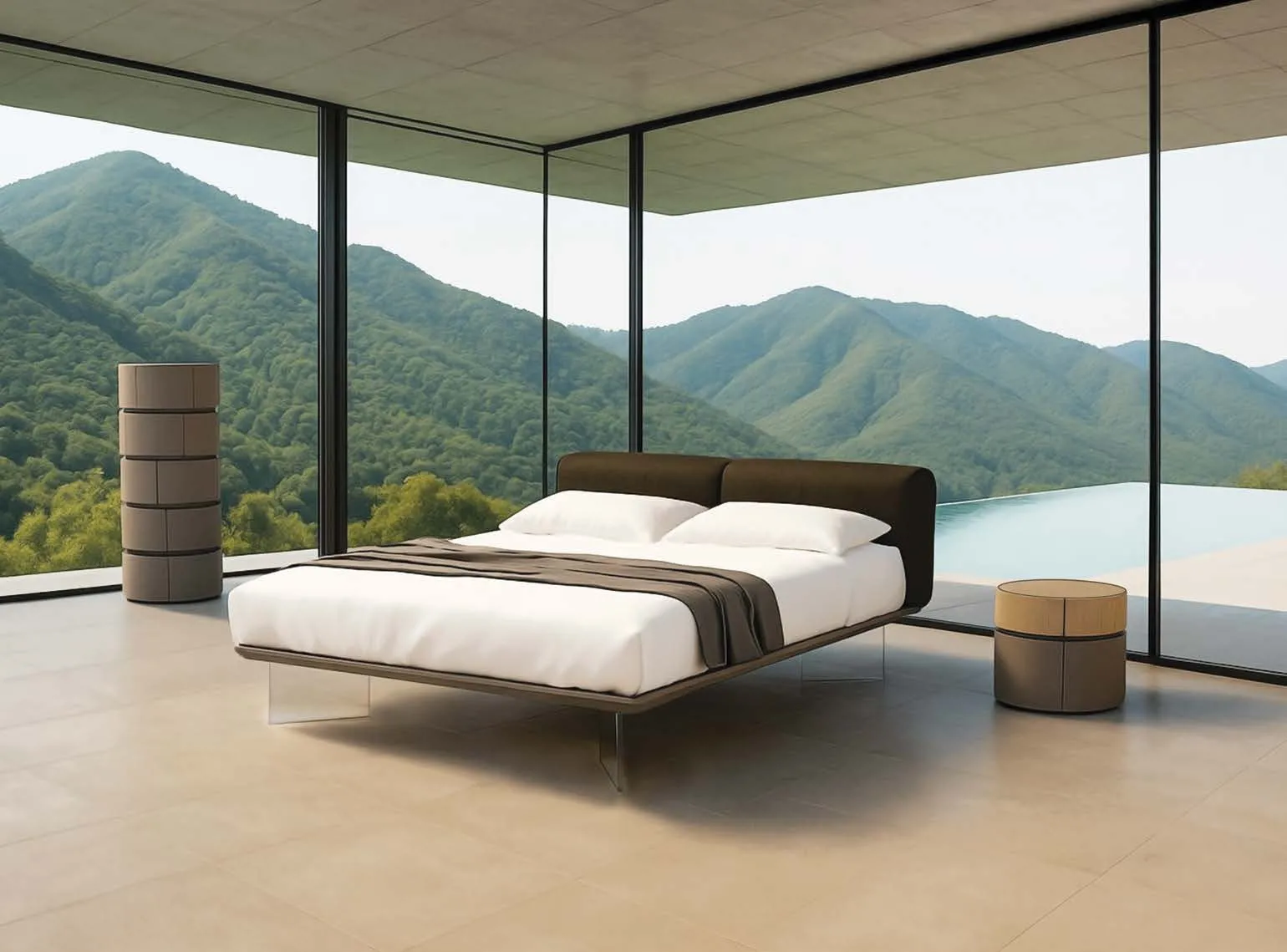 Letto Oplà Voltan laccato fango con giroletto sottile e piedi in vetro