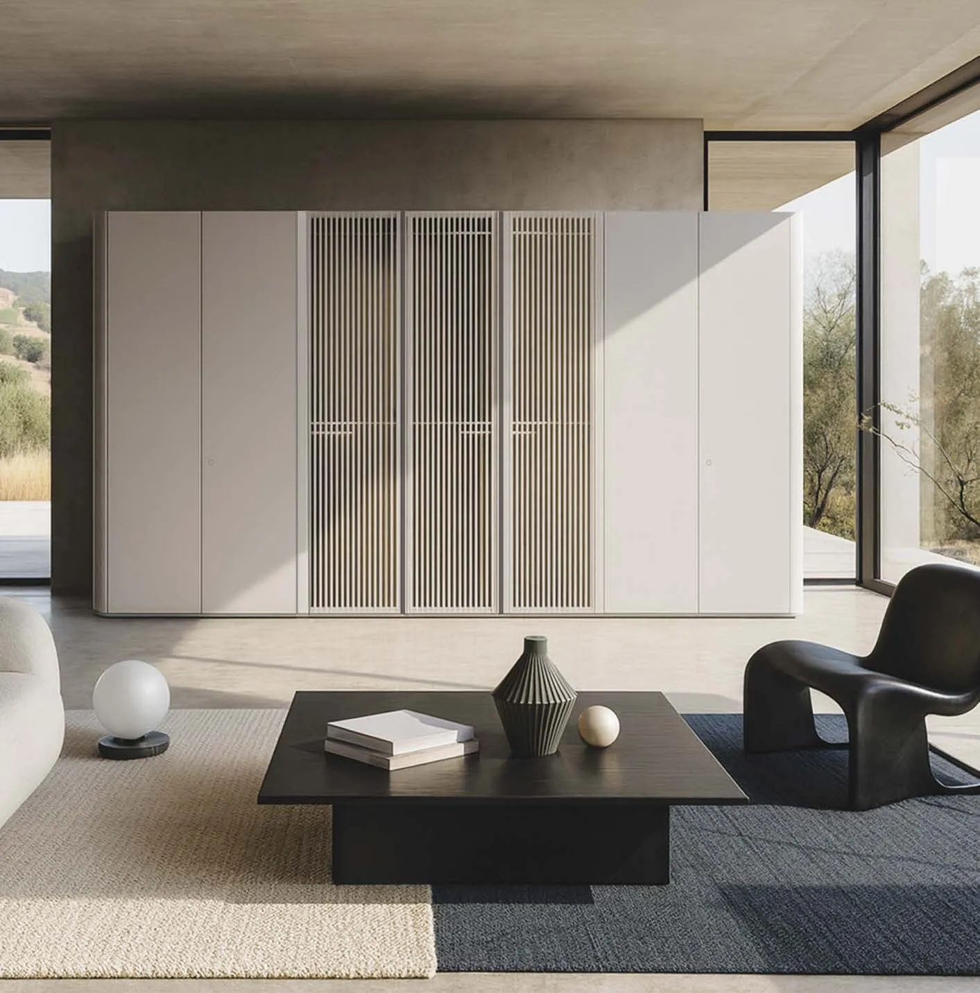 Armadio Ottanta Voltan laccato beige ardenne con ante centrali Lucifer in vetro