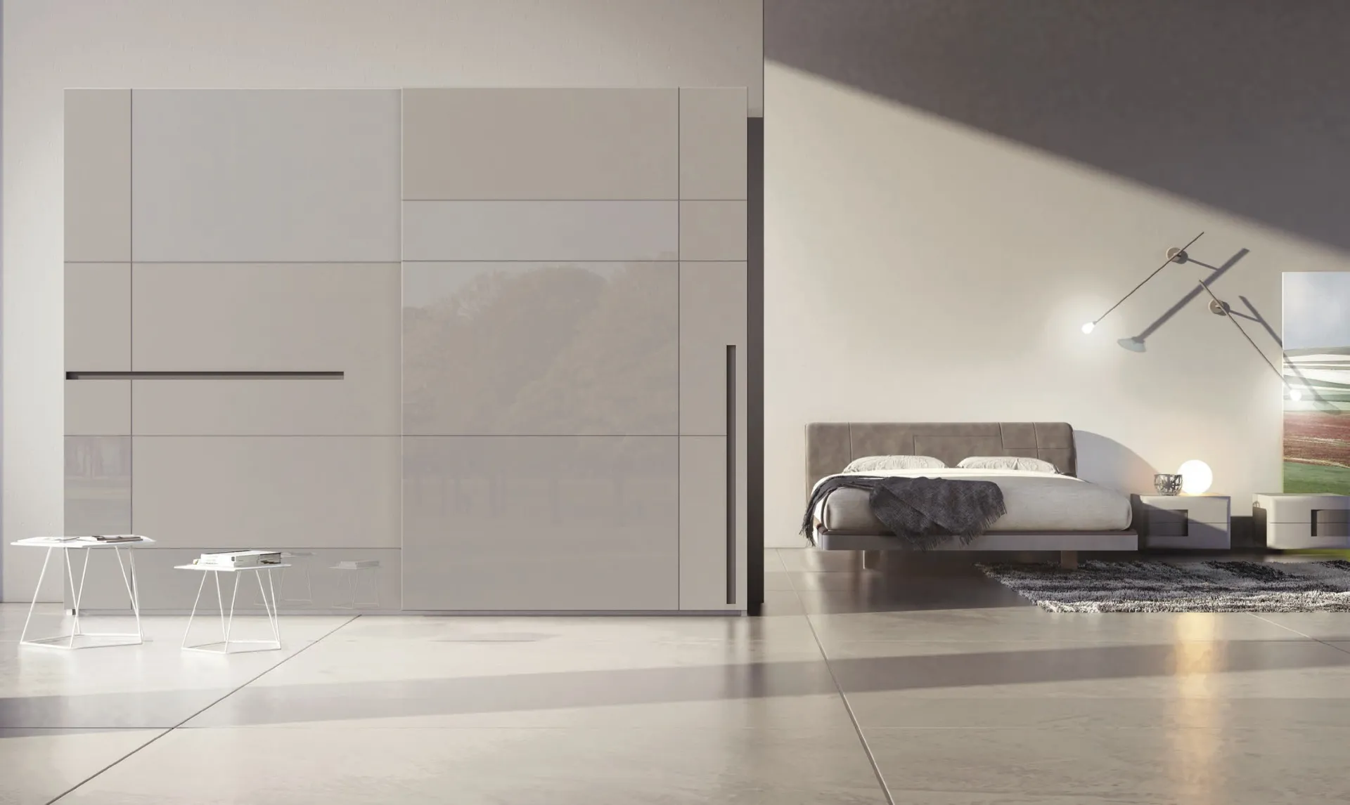 Armadio Prestige Voltan a due grandi ante scorrevoli in una camera con letto imbottito