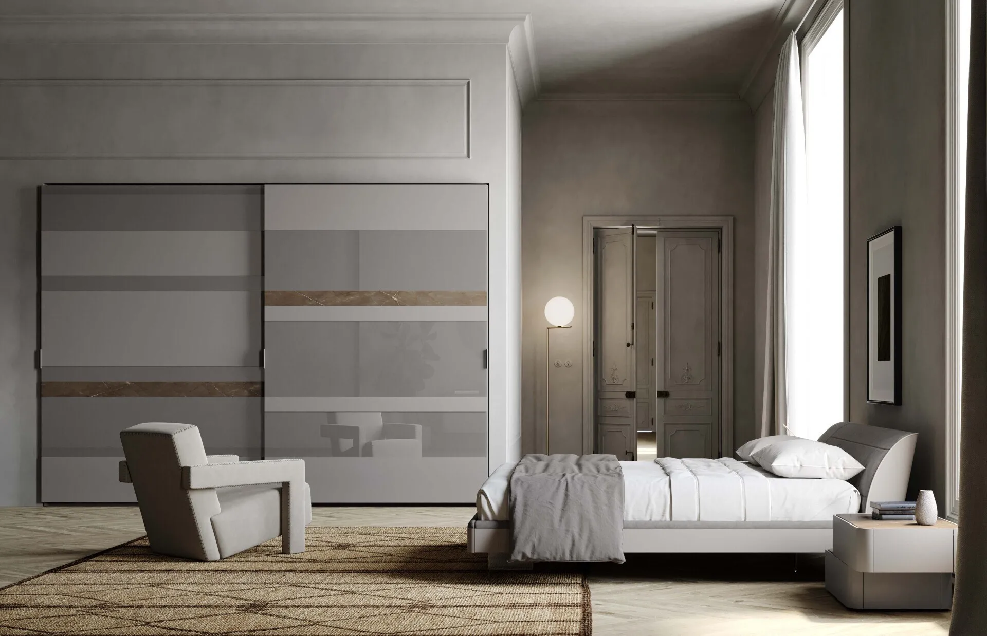 Armadio Elite Voltan a due ante scorrevoli con fasce in laccato, vetro e ceramica Pulpis Bronze