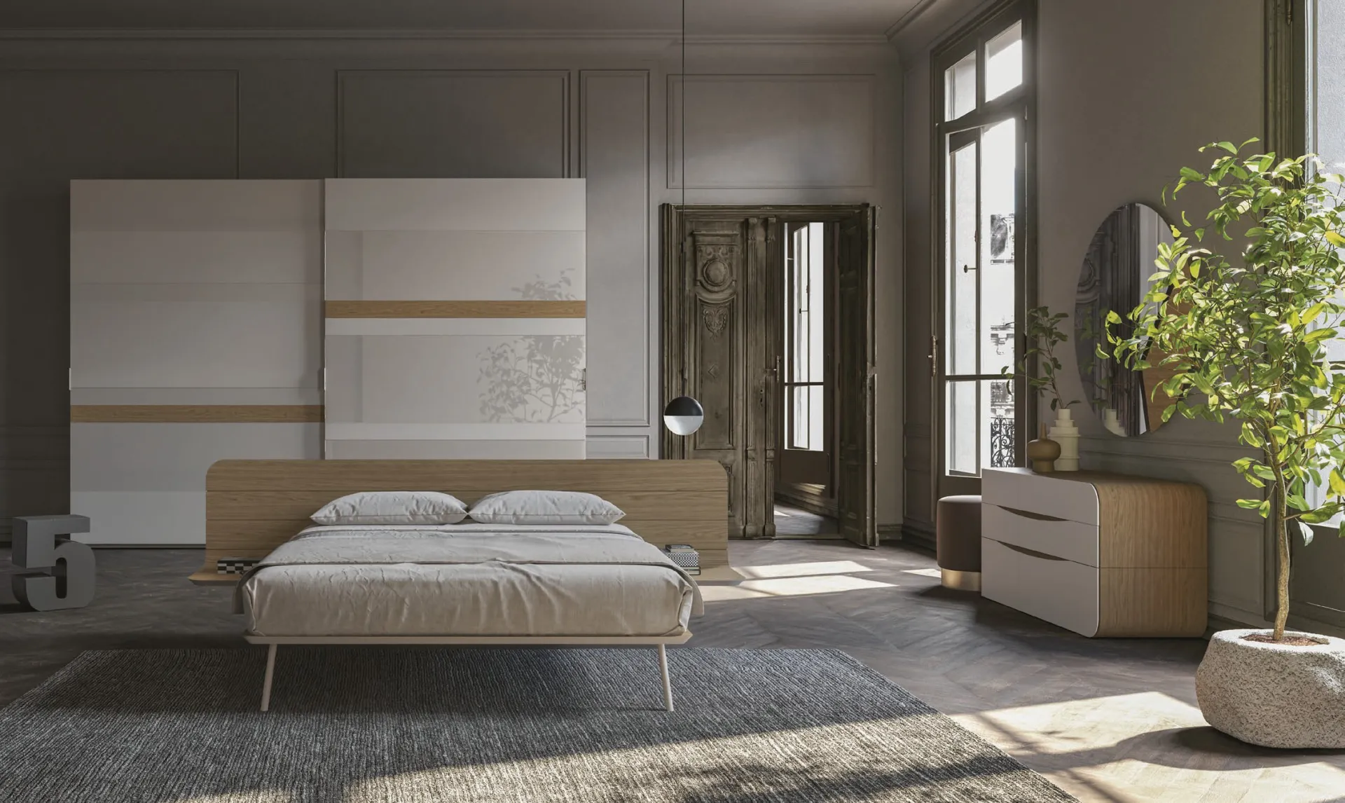 Armadio Elite Voltan con inserti in quercia e vetro, alle spalle del letto No-Vo
