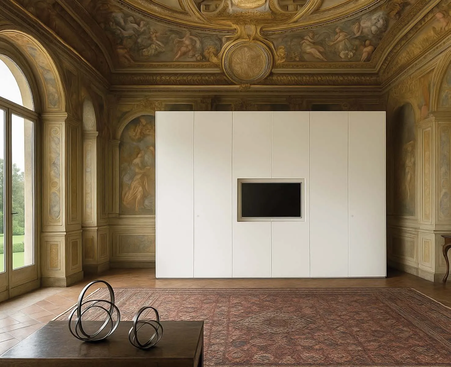 Armadio Loft Voltan bianco con kit TV ambientato in un salone affrescato