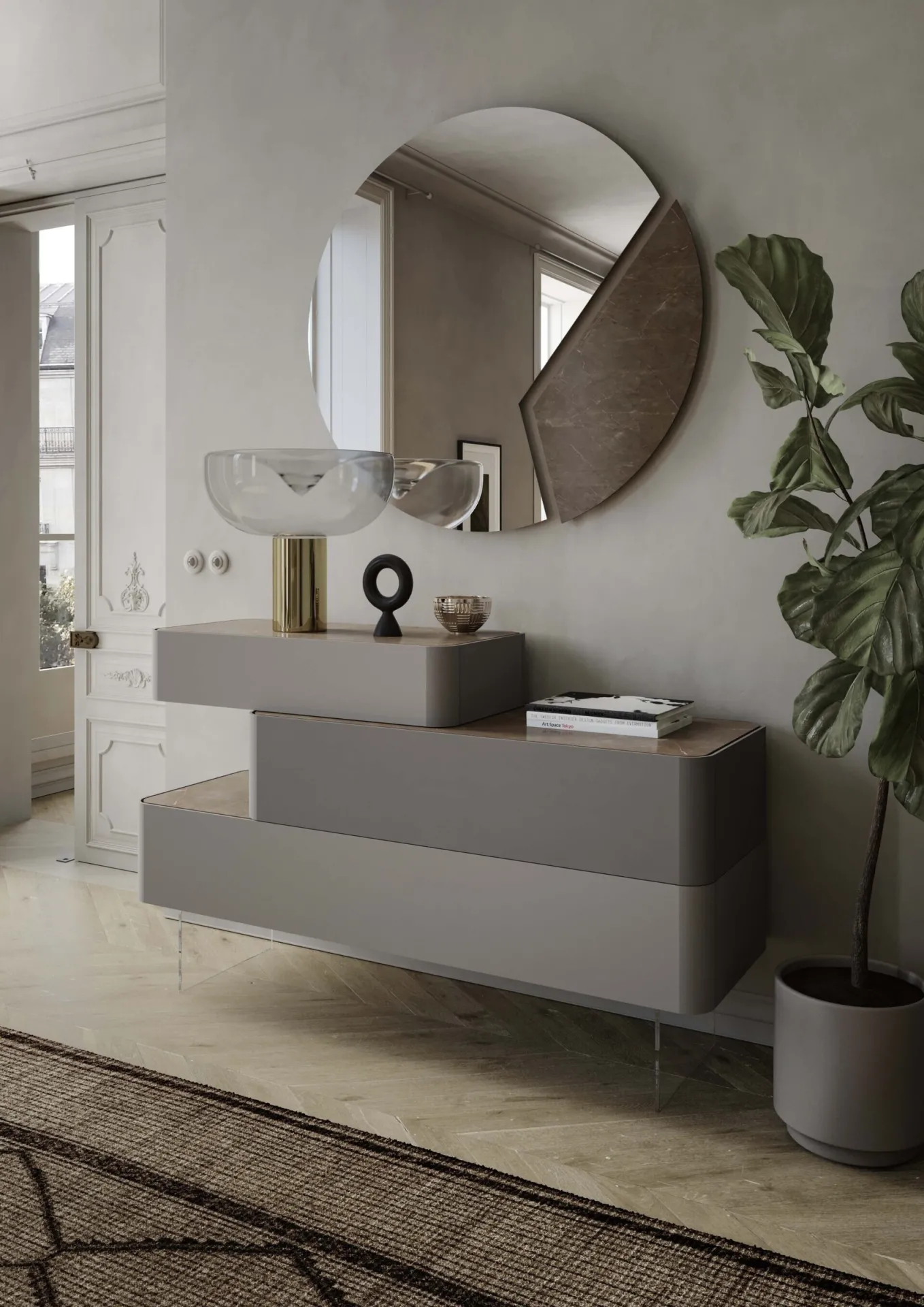Comò Elite Voltan componibile a tre cassetti sfalsati con piano in ceramica Pulpis Bronze