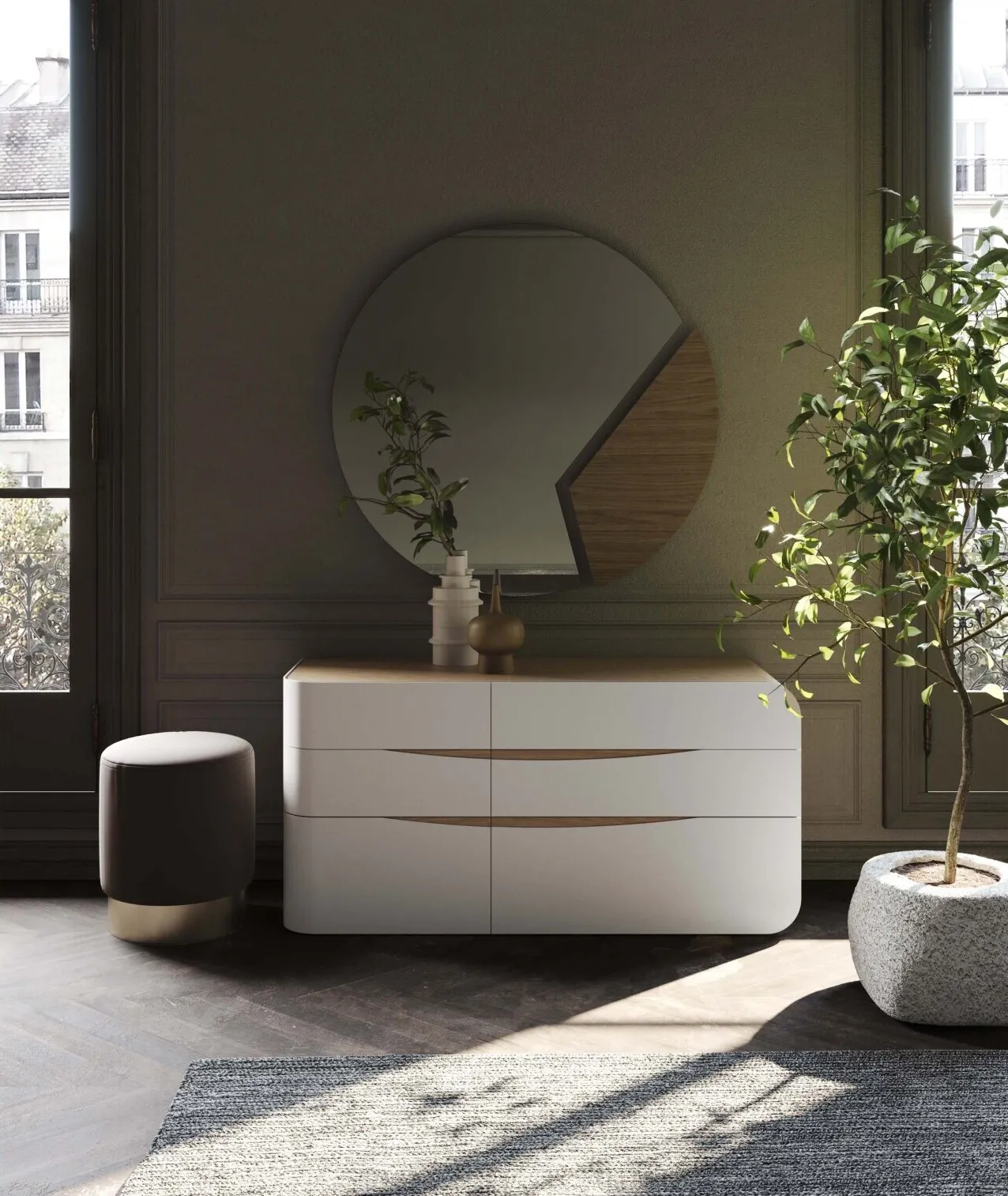 Comò Eikon Voltan in quercia naturale con frontali laccati beige ardenne e specchiera Alicante