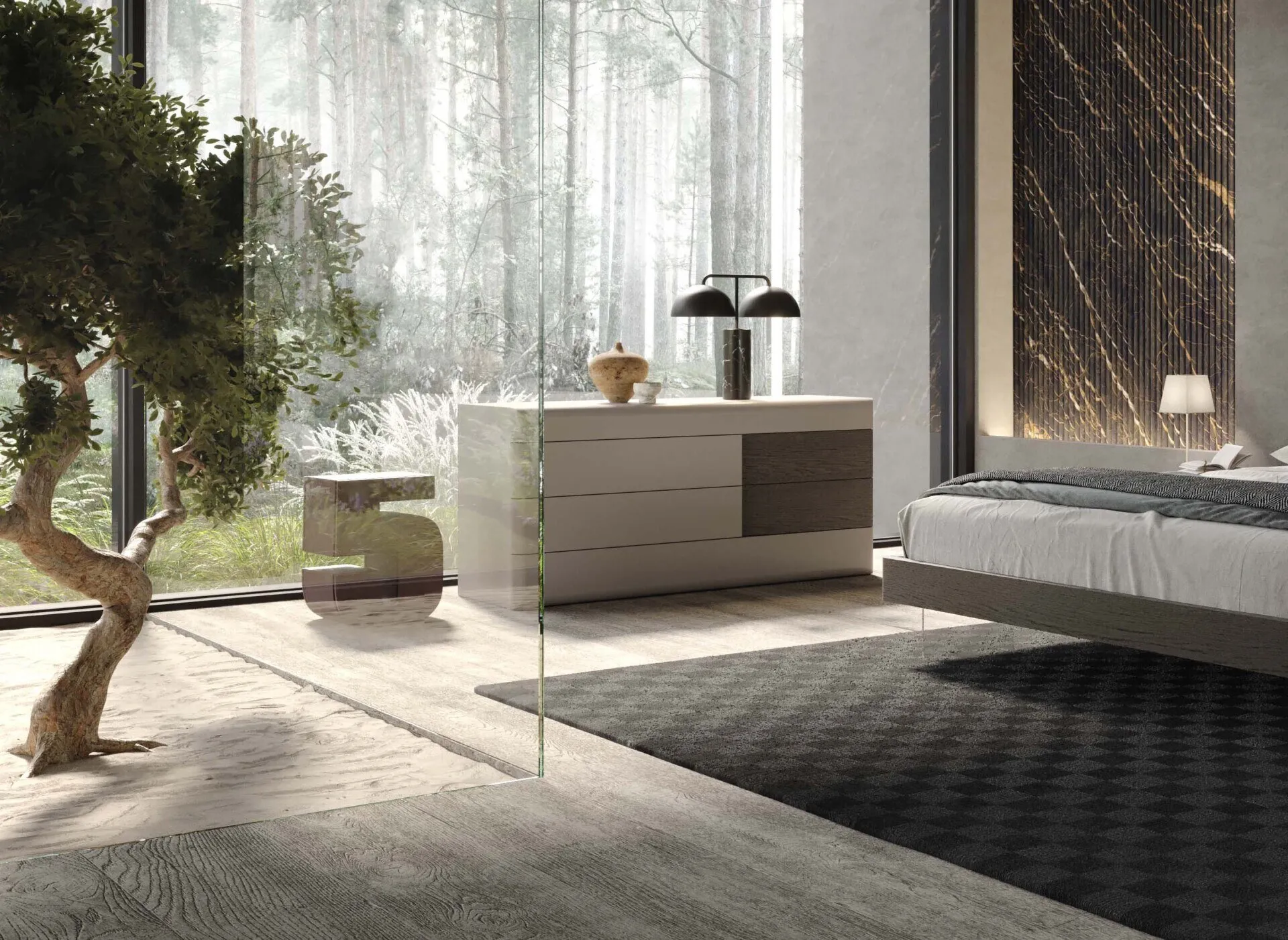 Comò e comodini Prestige Voltan laccati grigio alpaca con maniglie in quercia