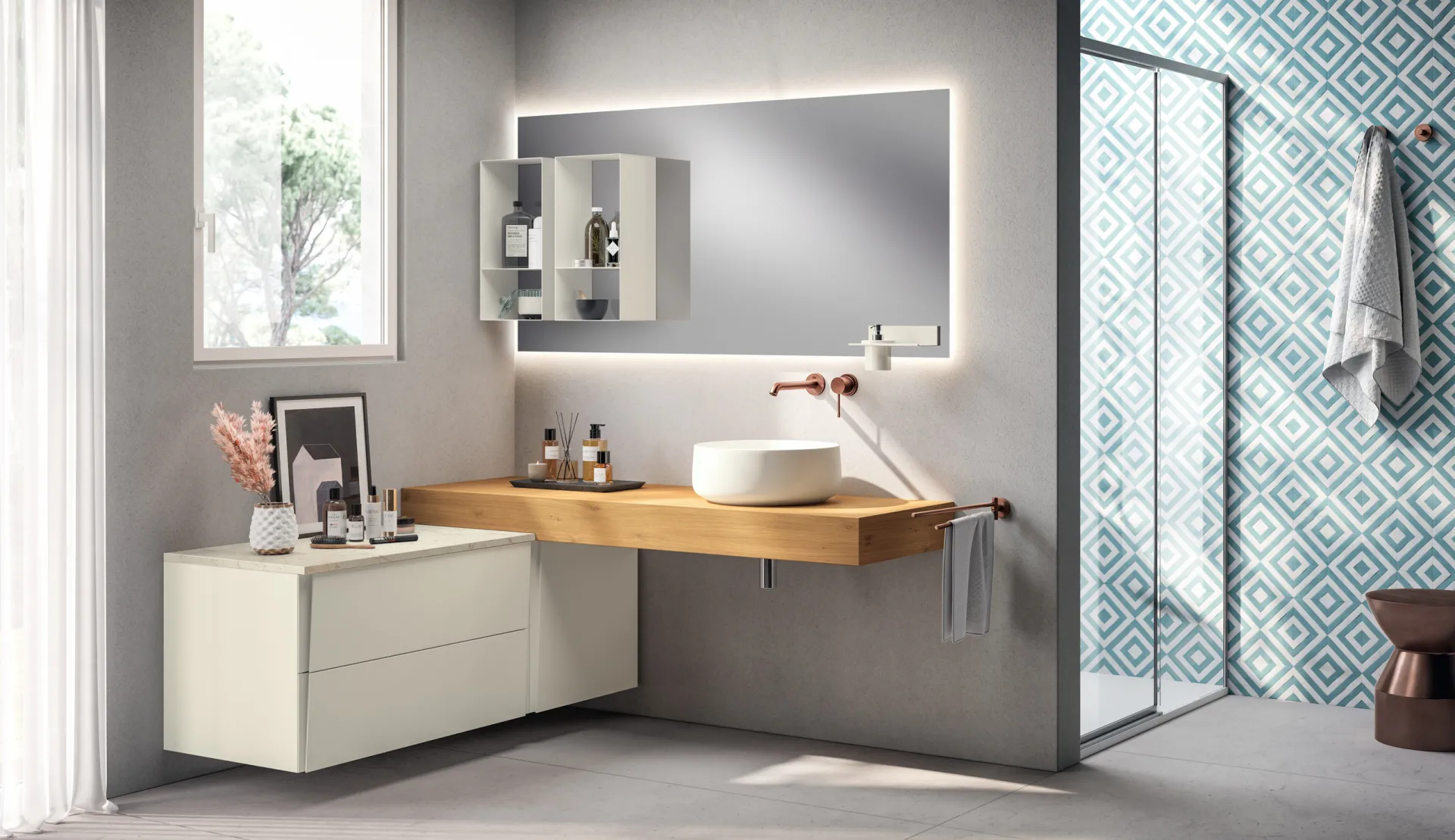 Bagno Lagu Scavolini con base bianca opaca, mensola in rovere e lavabo tondo in appoggio