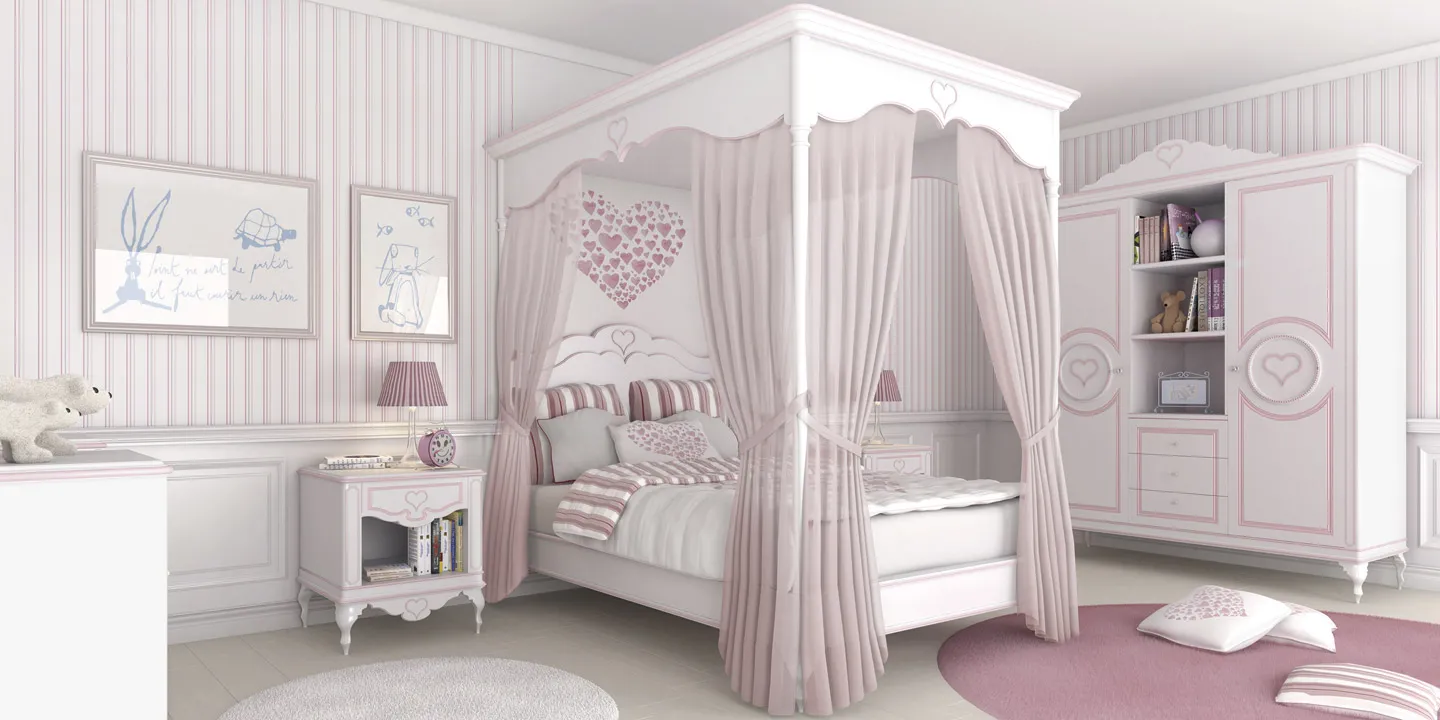 Cameretta Azalea Bernazzoli bianca e rosa con letto a baldacchino e armadio libreria