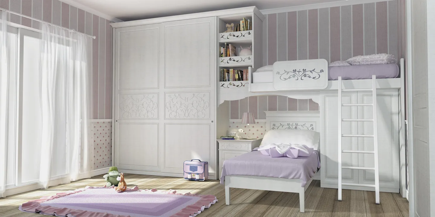 Cameretta Camelia Bernazzoli tortora e lilla con letto a castello, armadio e libreria