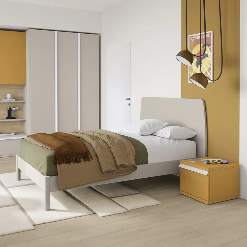 Cameretta Volo Kids Young Colombini con letto a testata arrotondata e comodino senape