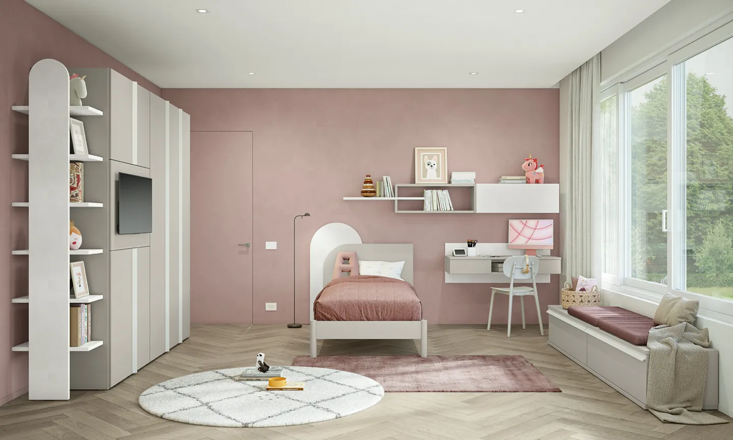Cameretta Volo C002 Colombini rosa con letto a testata ad arco e panca