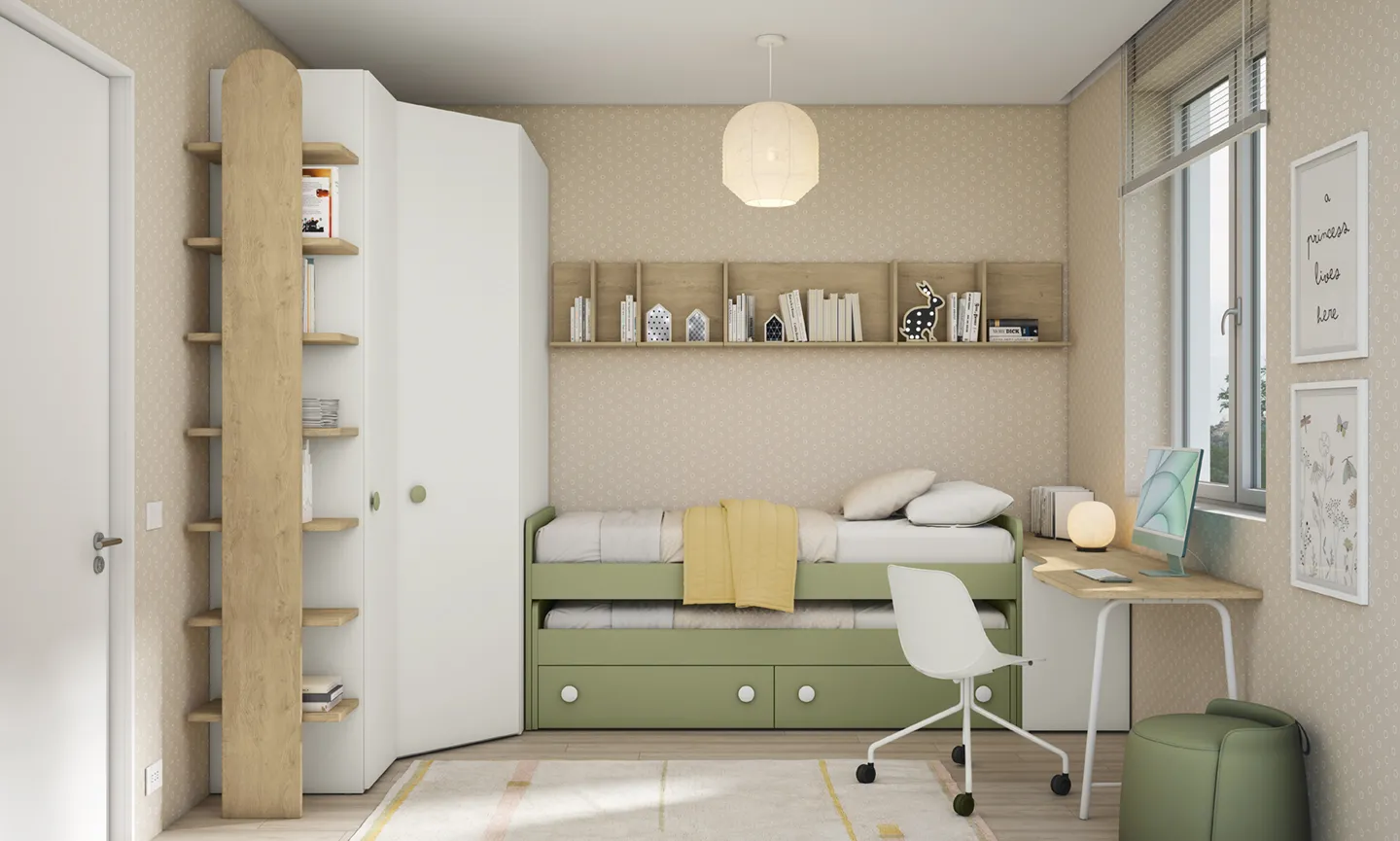 Cameretta Volo C004 Colombini con letto estraibile verde salvia e libreria in legno