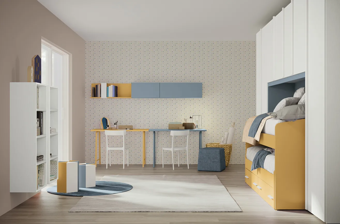 Cameretta Volo C029 Colombini con ponte azzurro, letto estraibile e due scrivanie