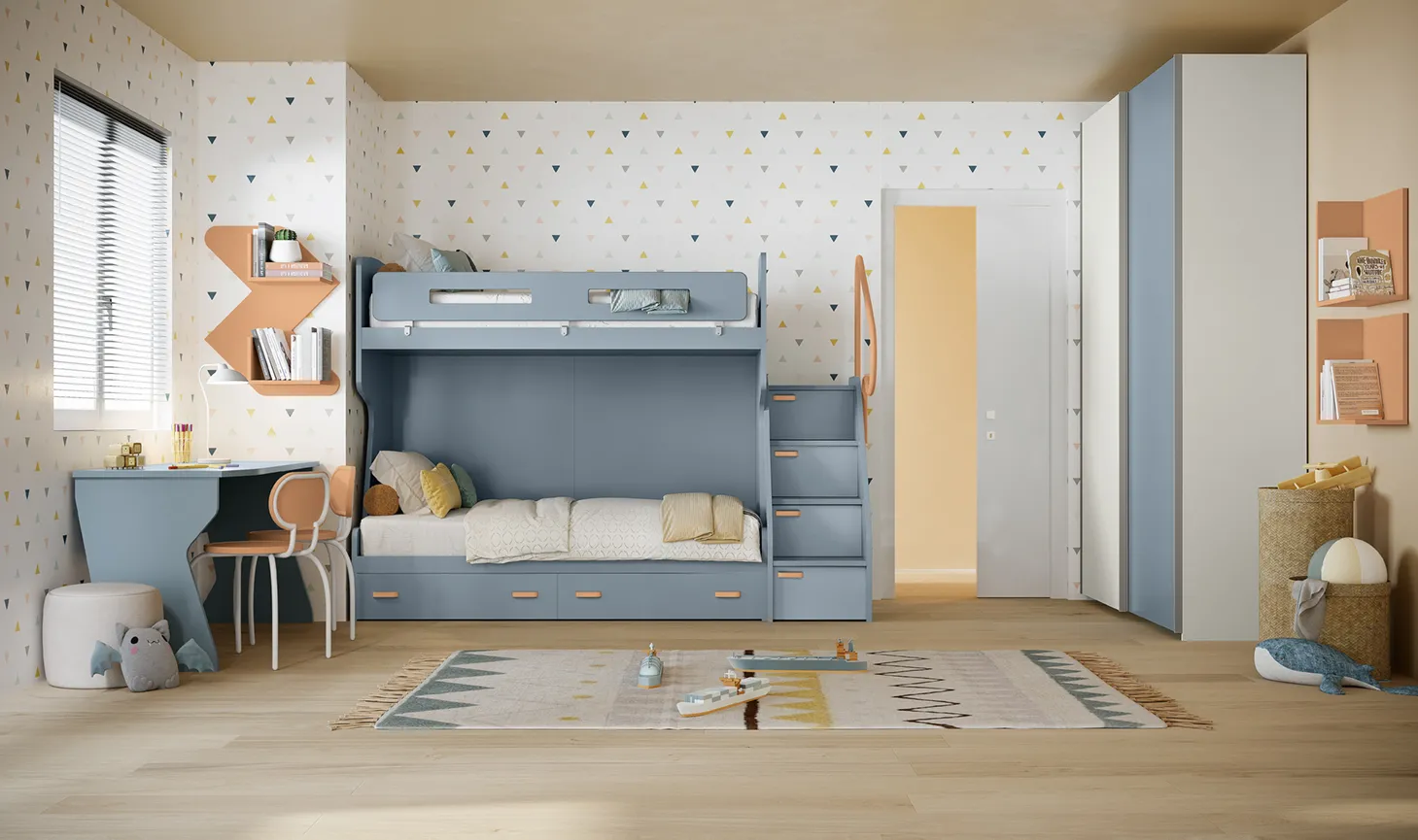 Letto a castello Volo C034 Colombini azzurro con gradini contenitore