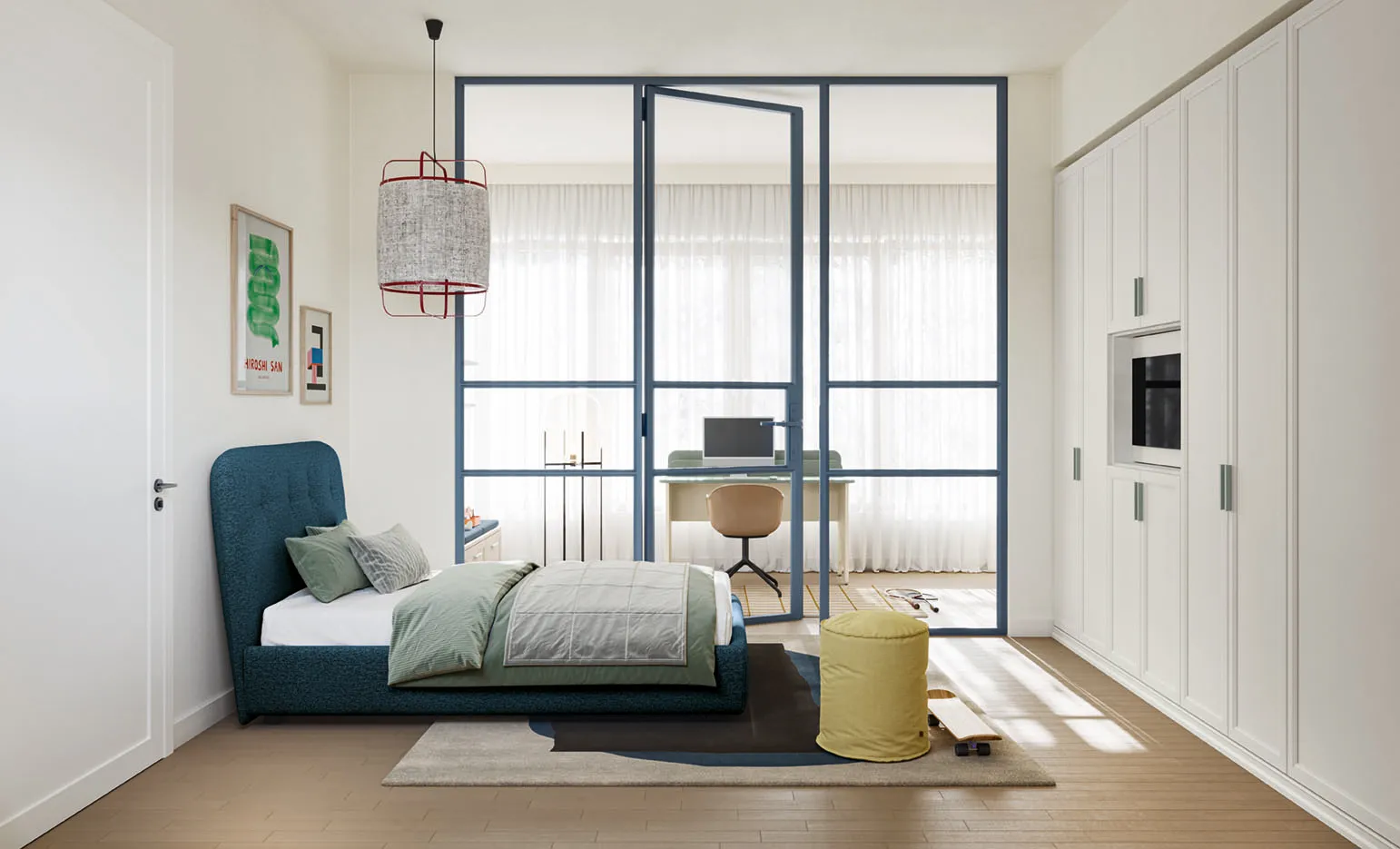 Cameretta classica Arcadia AC003 Colombini con armadi bianchi e letto imbottito blu